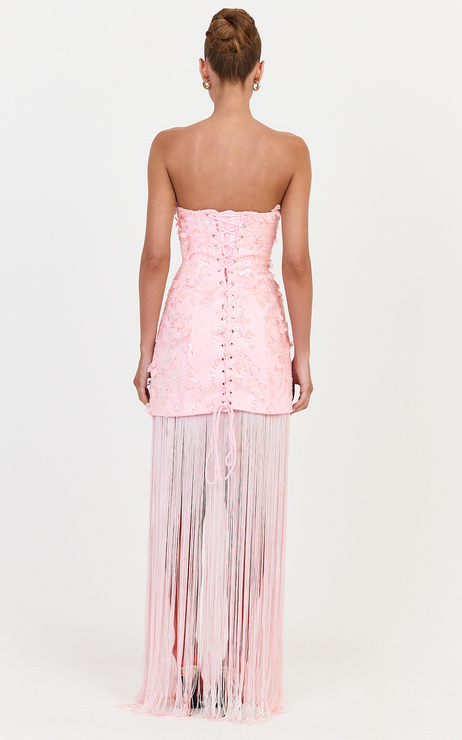 Ellie Maxi Dress - Embellished 3D Floral Bodice Drop Waist With Fringe Skirt in Pink - View 9