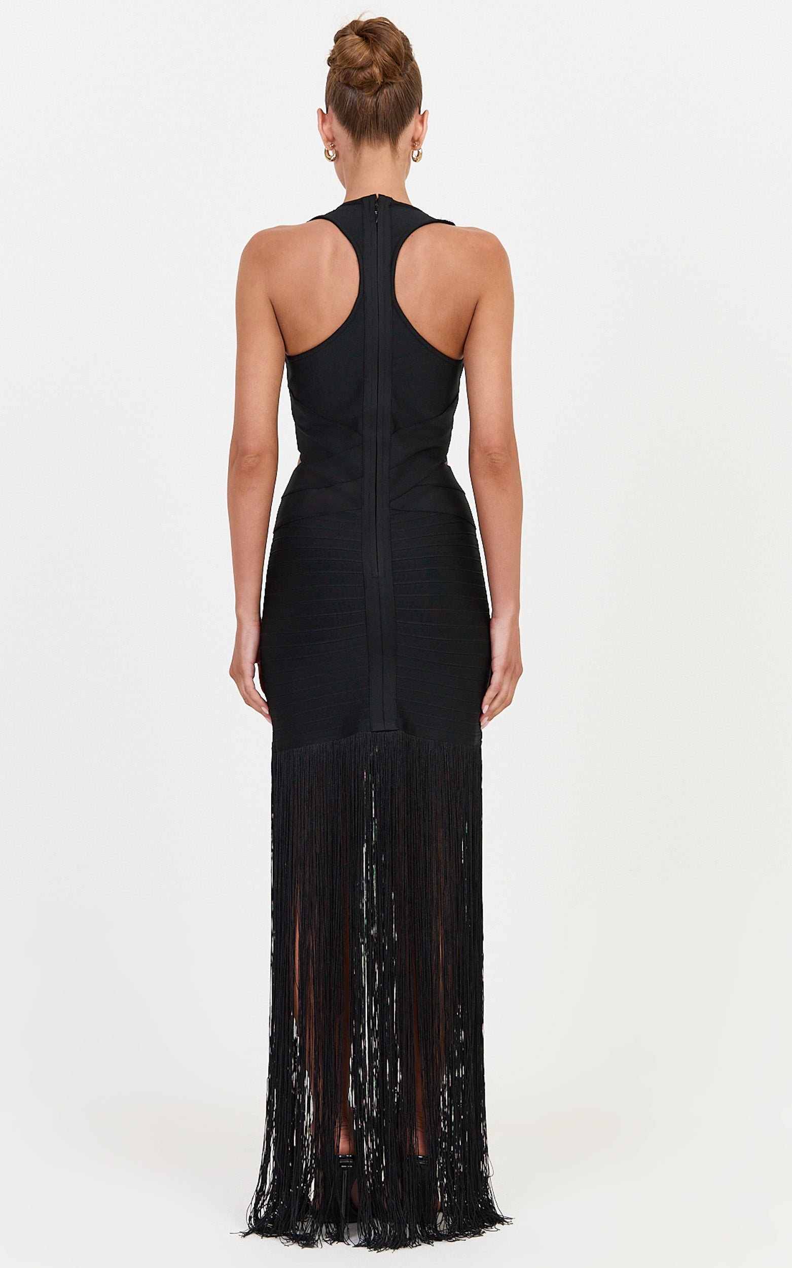Josephine Maxi Dress - Halter Bandage Dress With Fringe Skirt in Black - View 5