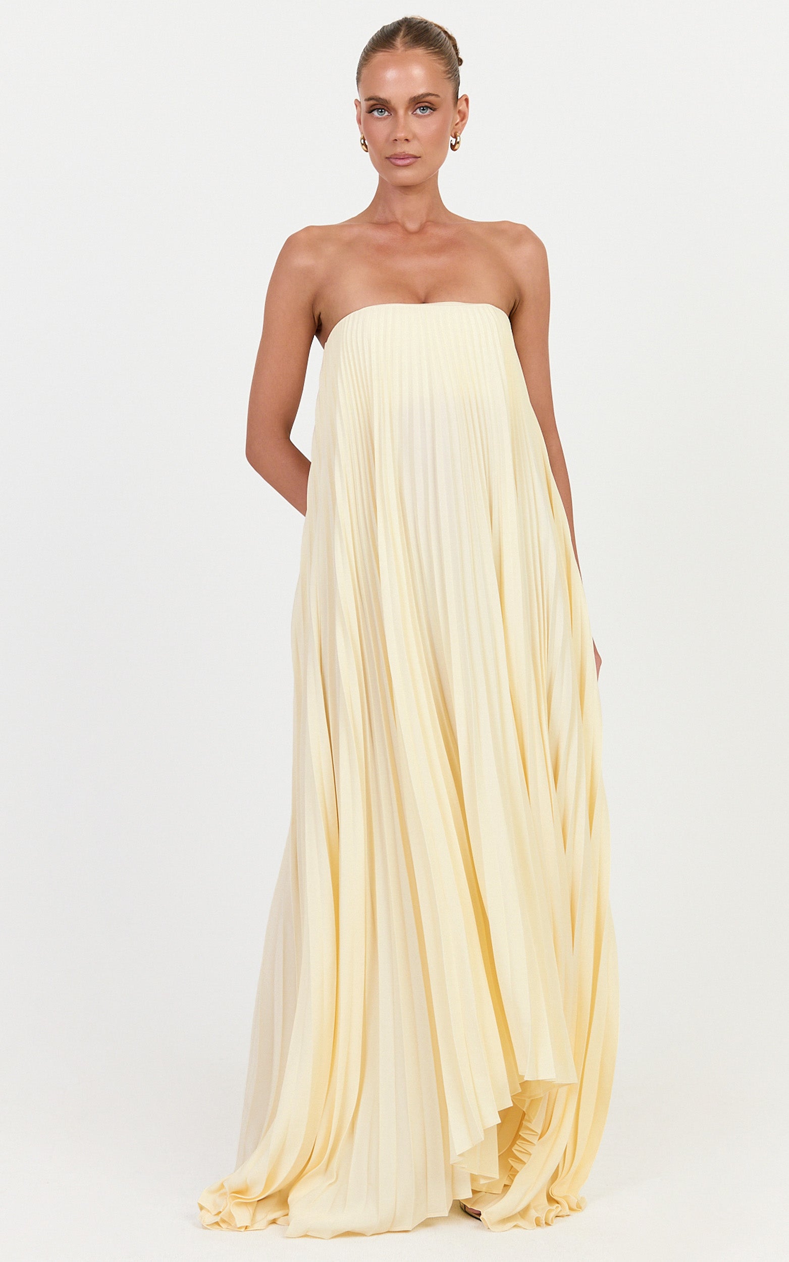 Narae Maxi Dress - Strapless Pleated Dress in Lemon - View 2