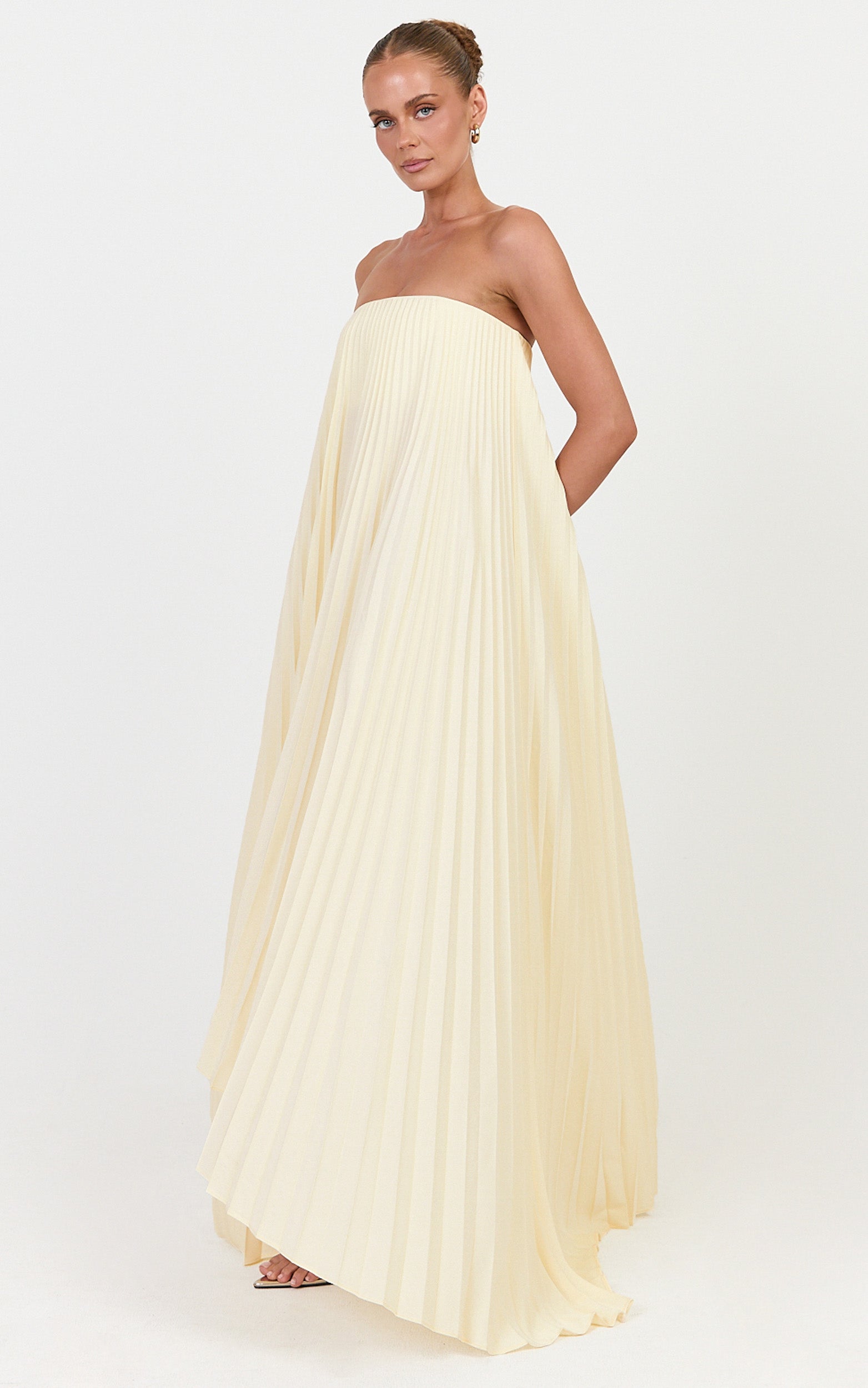 Narae Maxi Dress - Strapless Pleated Dress in Lemon - View 3