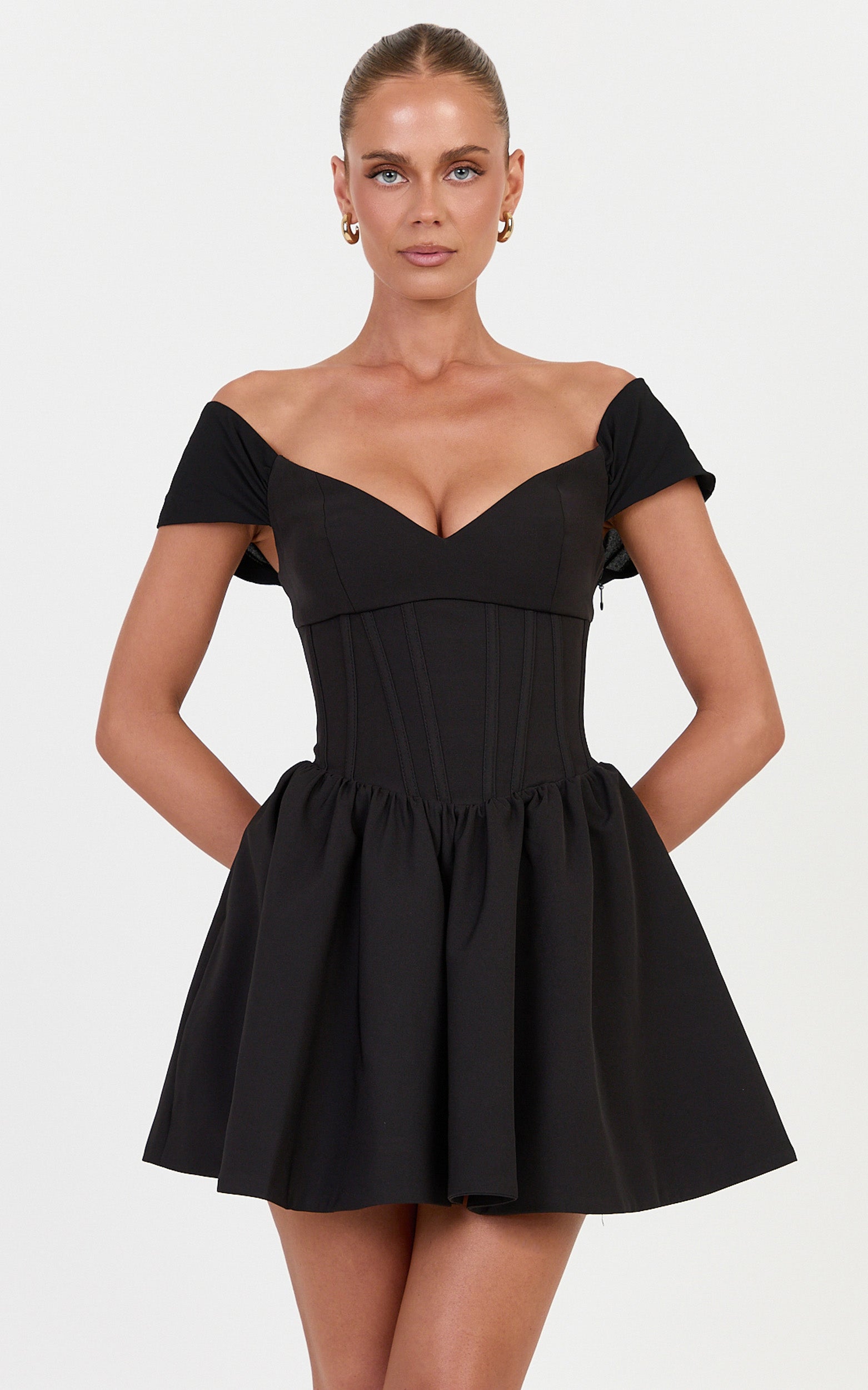 Luciana Mini Dress - Corset Bodice Mini Dress With Cap Sleeves And Gathered Skirt in Black - View 3