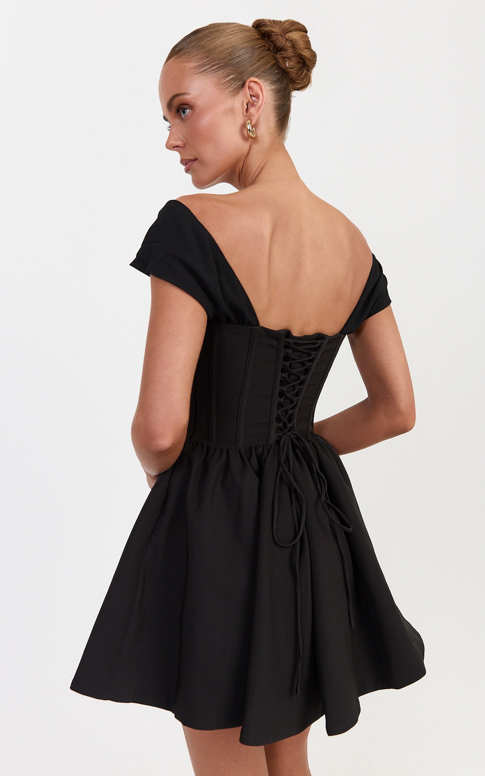 Luciana Mini Dress - Corset Bodice Mini Dress With Cap Sleeves And Gathered Skirt in Black - View 8