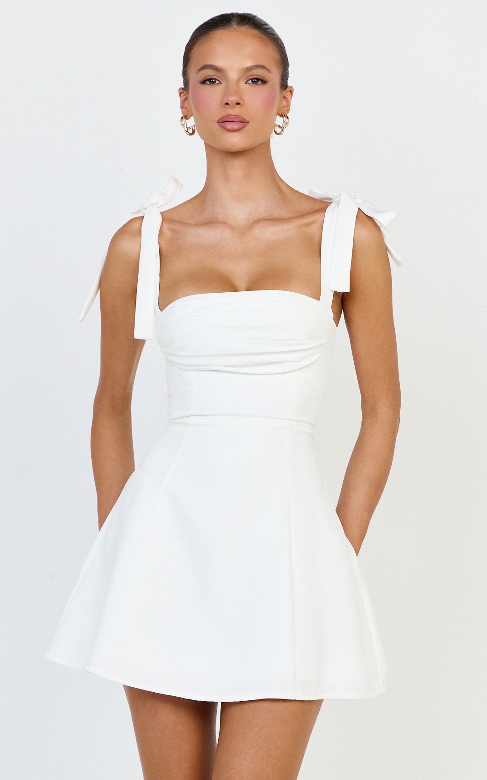 Inez Mini Dress - Gathered Bust A Line Shoulder Tie Dress in White - View 3