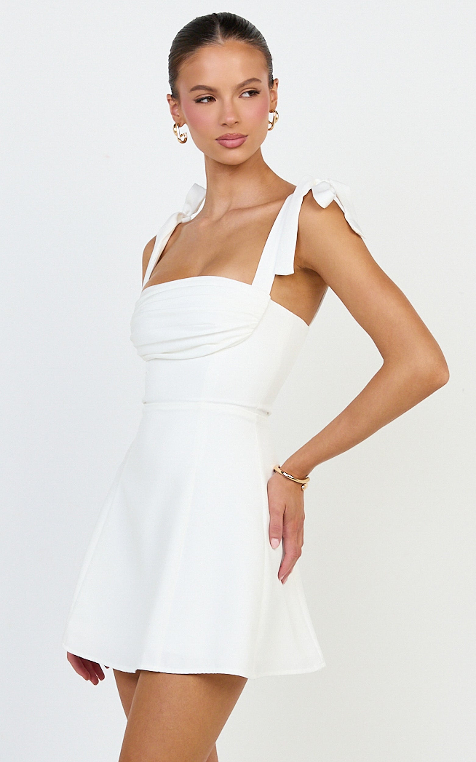 Inez Mini Dress - Gathered Bust A Line Shoulder Tie Dress in White - View 5