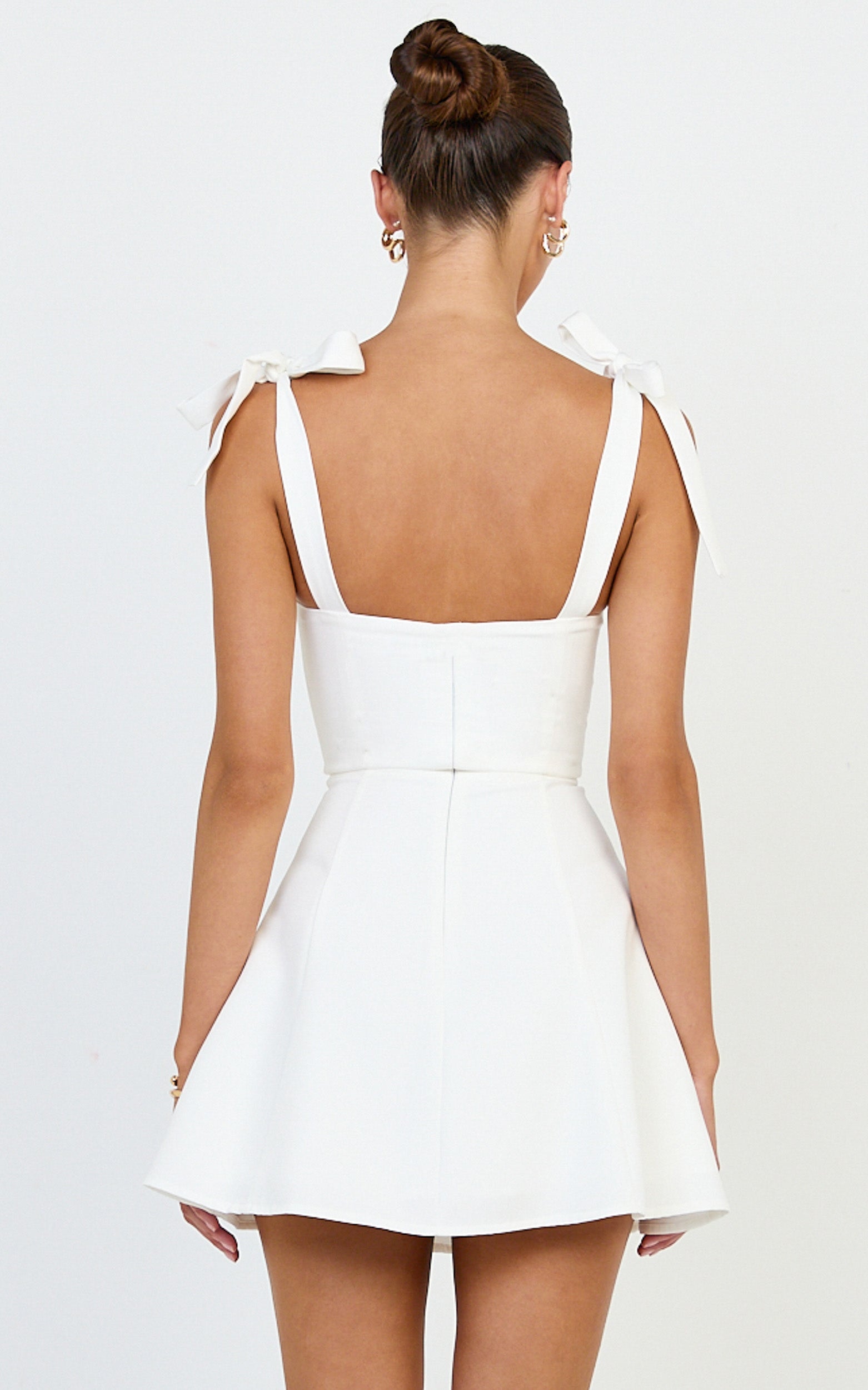 Inez Mini Dress - Gathered Bust A Line Shoulder Tie Dress in White - View 6