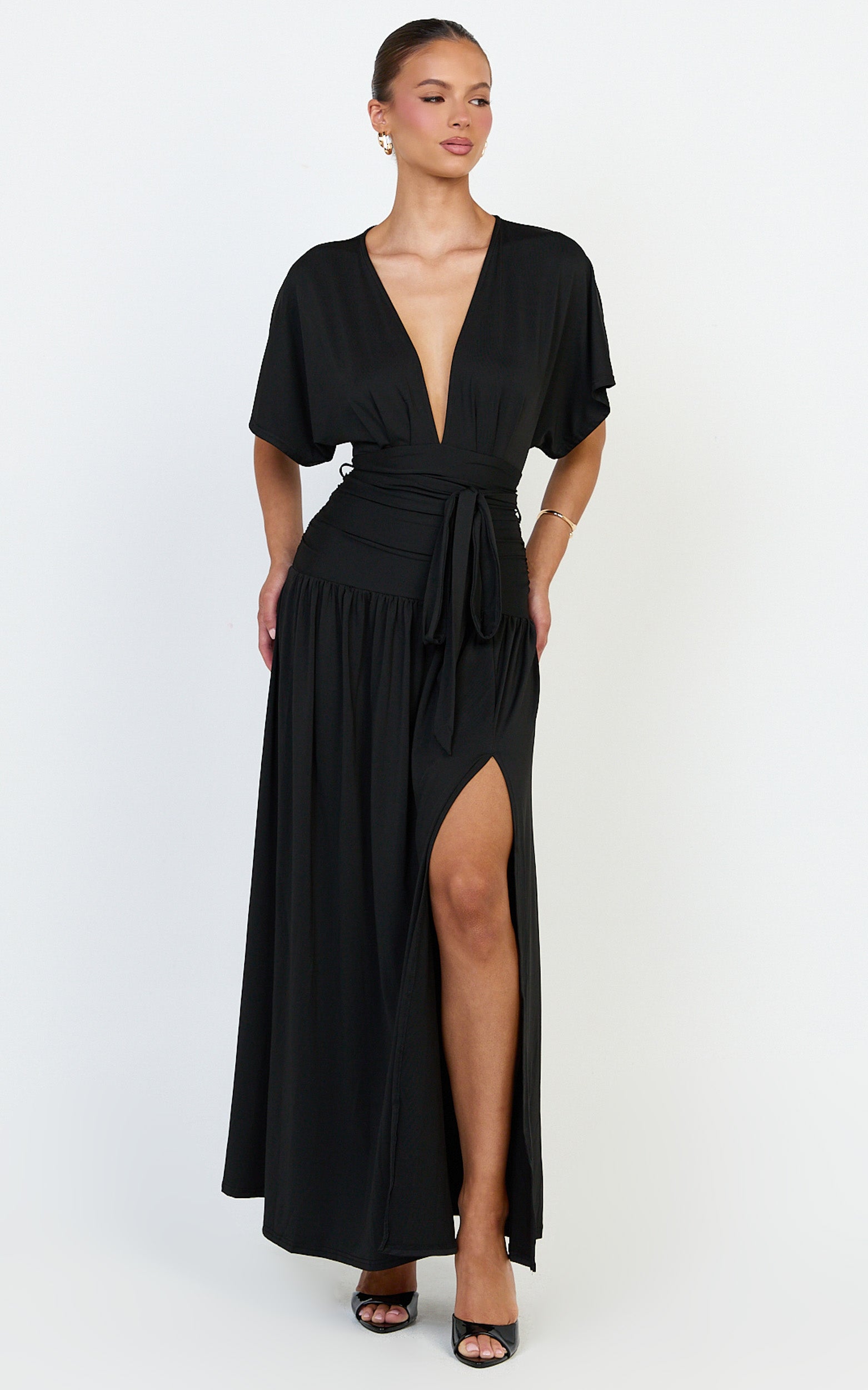 Liana Maxi Dress - Wide Sleeve Tie Waist Maxi Dress in Black - View 3