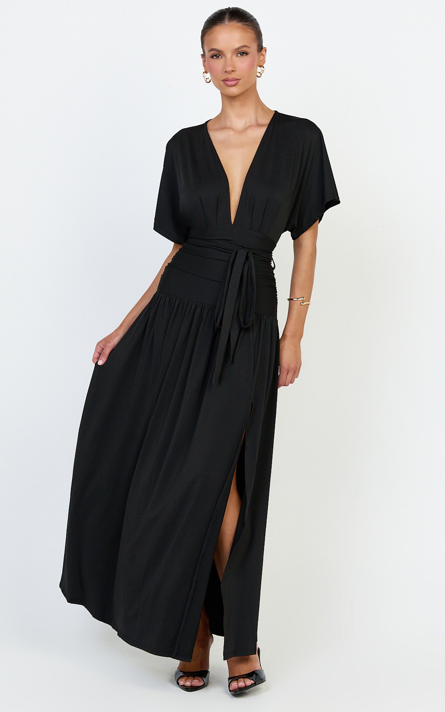 Liana Maxi Dress - Wide Sleeve Tie Waist Maxi Dress in Black - View 4