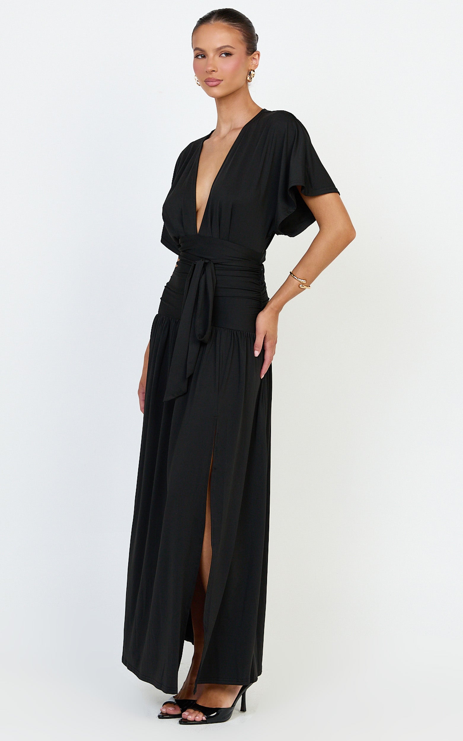 Liana Maxi Dress - Wide Sleeve Tie Waist Maxi Dress in Black - View 2