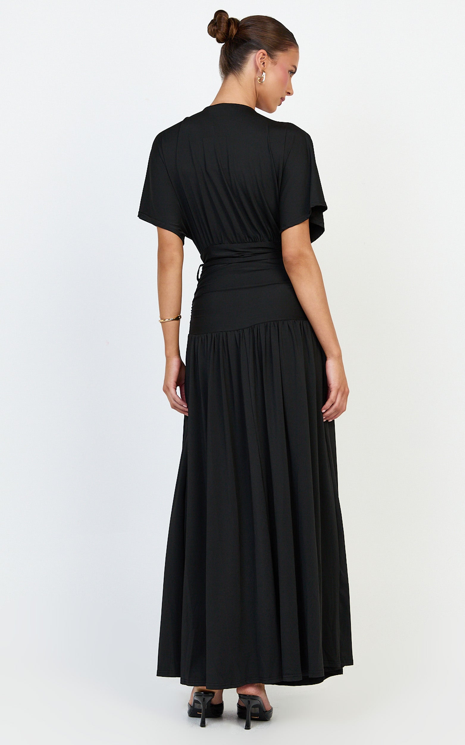 Liana Maxi Dress - Wide Sleeve Tie Waist Maxi Dress in Black - View 5