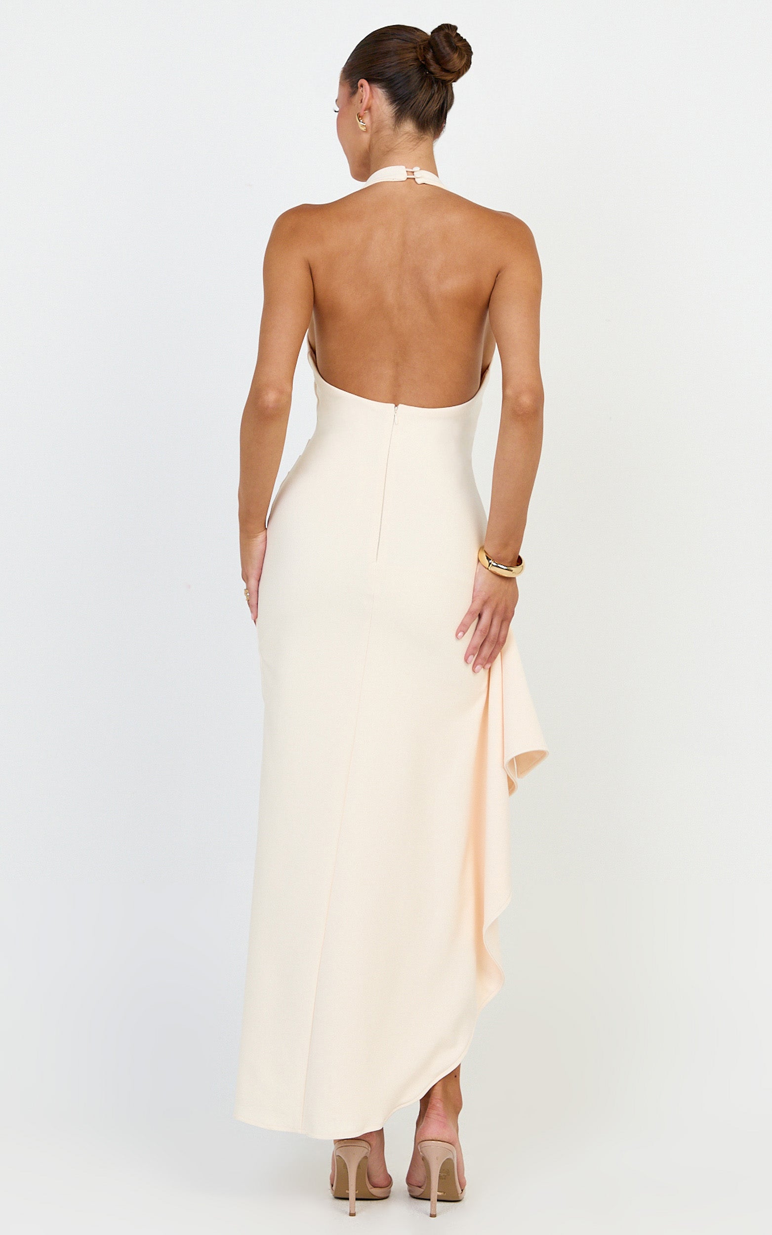 Lani Midi Dress - Scooped Neckline Draped Skirt Halter Dress in Cream - View 5