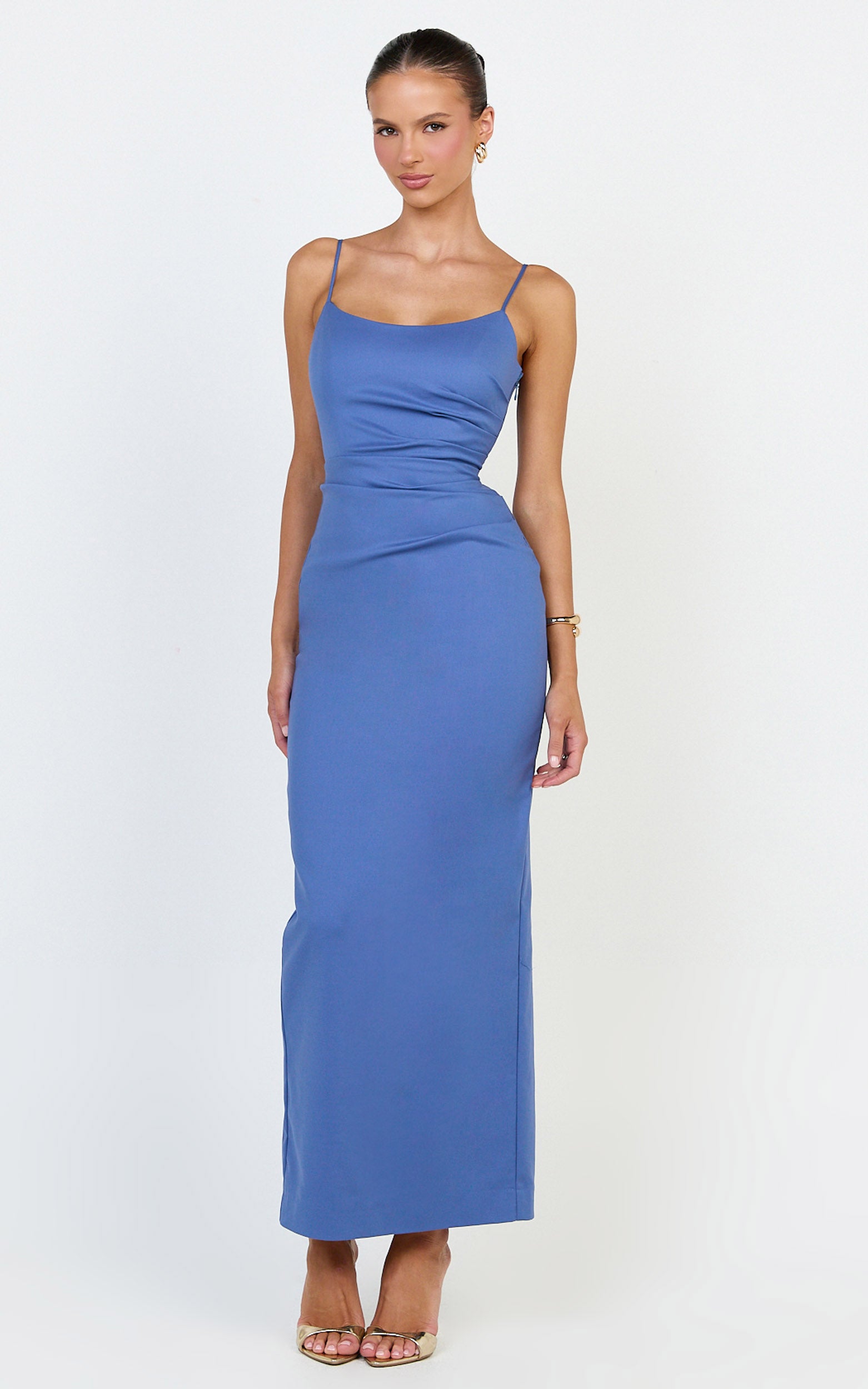 Liora Midi Dress - Low Back Scoop Neck Pin Tucked Dress in Steel Blue - View 5