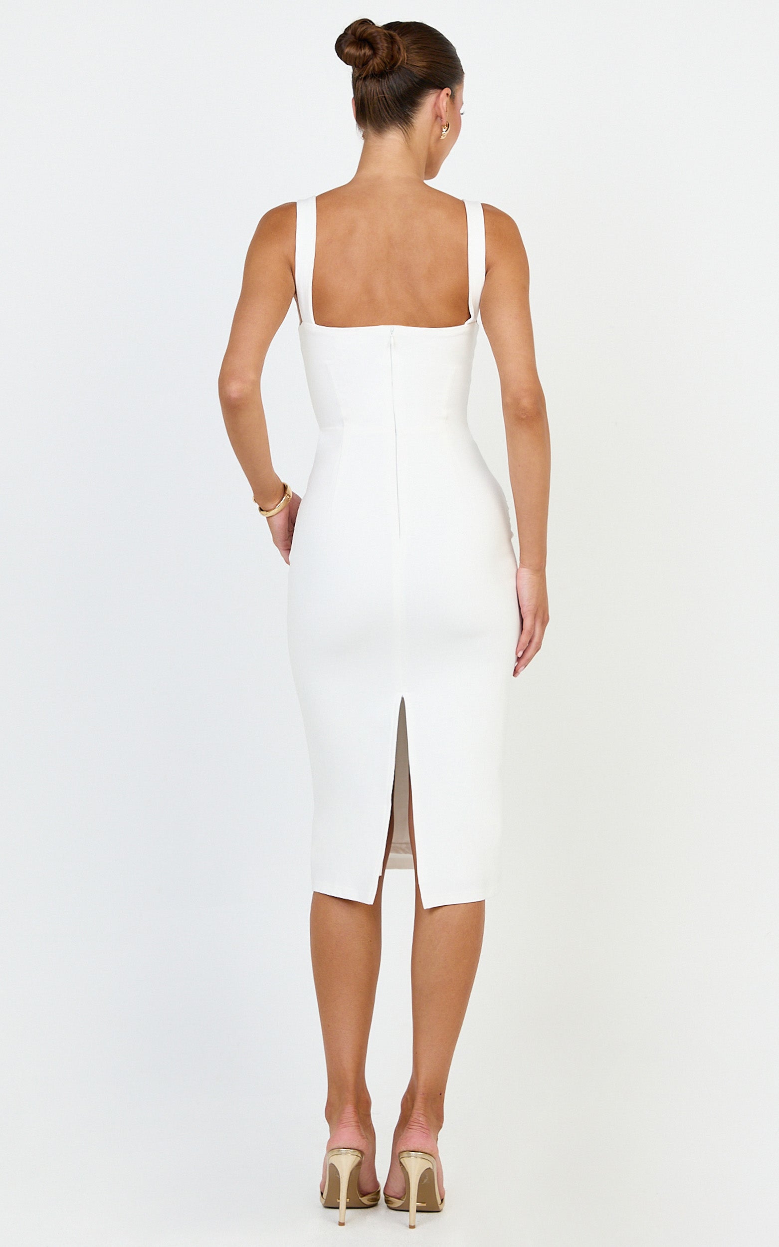 Tiffy Midi Dress - Square Neck Ruched Bodycon Dress in White - View 8
