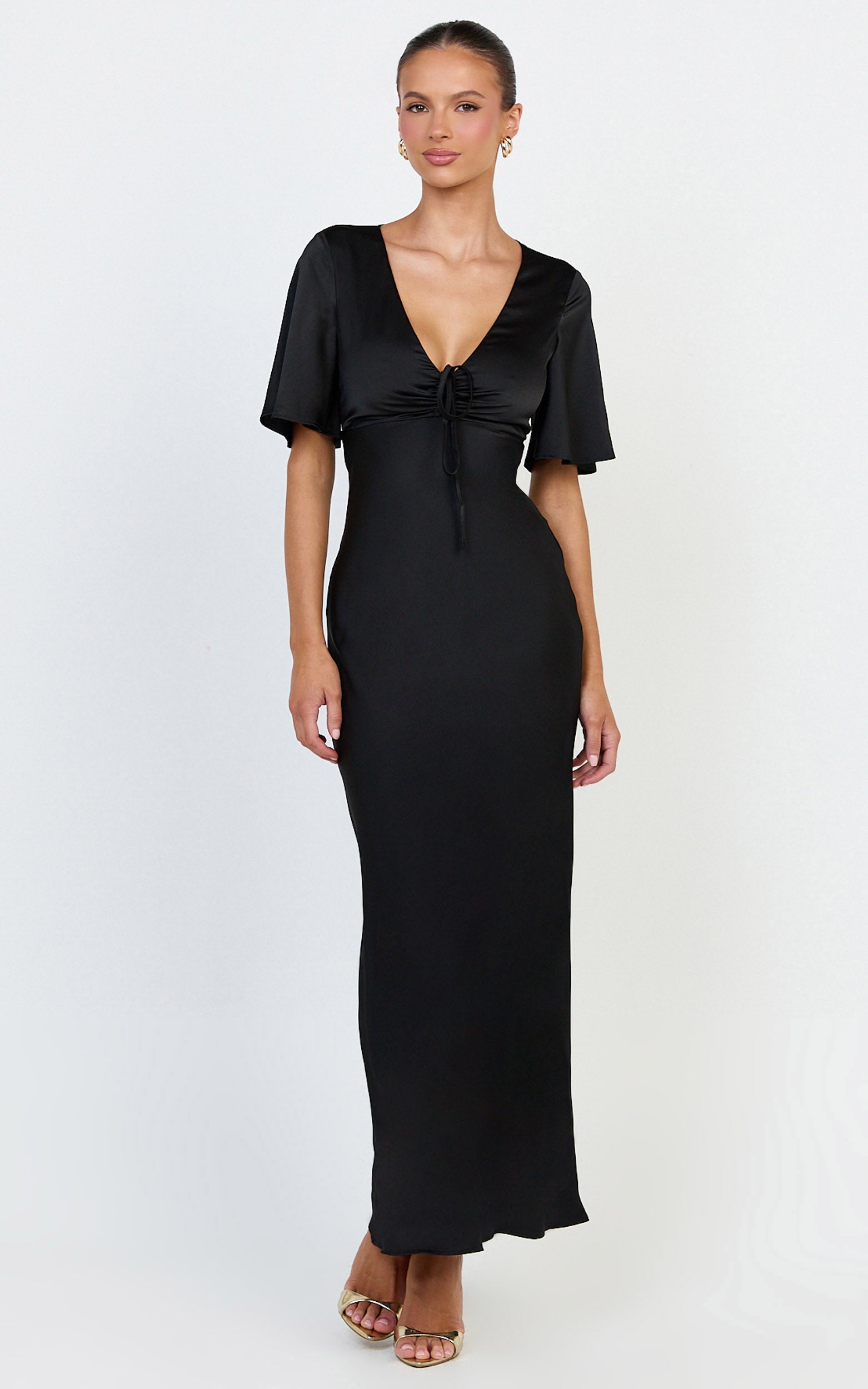 Amelie Maxi Dress - Ruched Front Angel Sleeve Satin Dress in Black - View 3