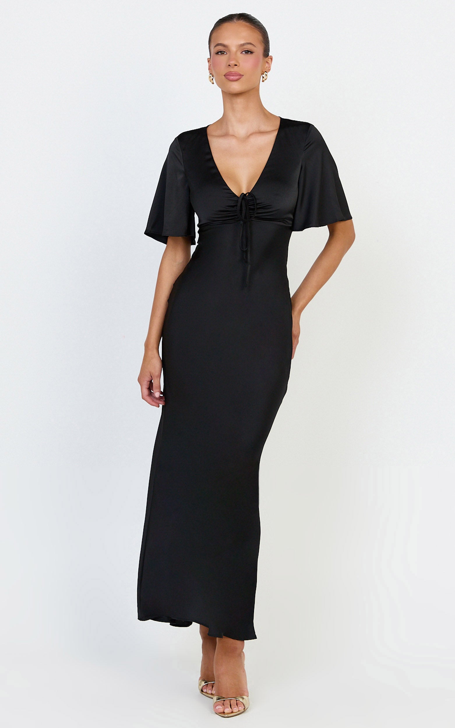 Amelie Maxi Dress - Ruched Front Angel Sleeve Satin Dress in Black - View 4