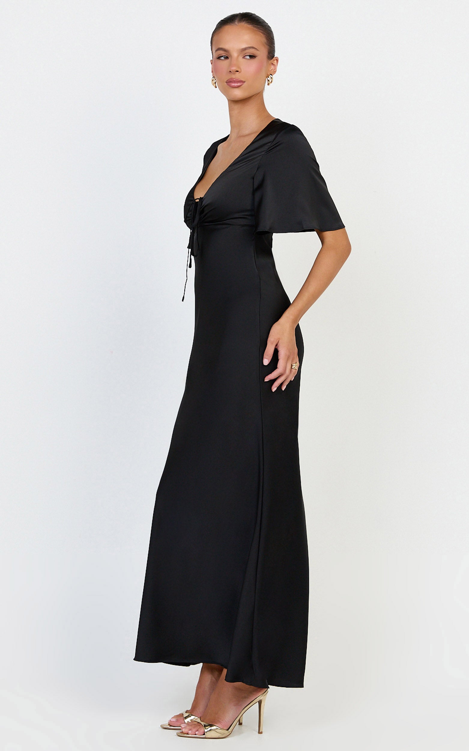 Amelie Maxi Dress - Ruched Front Angel Sleeve Satin Dress in Black - View 2