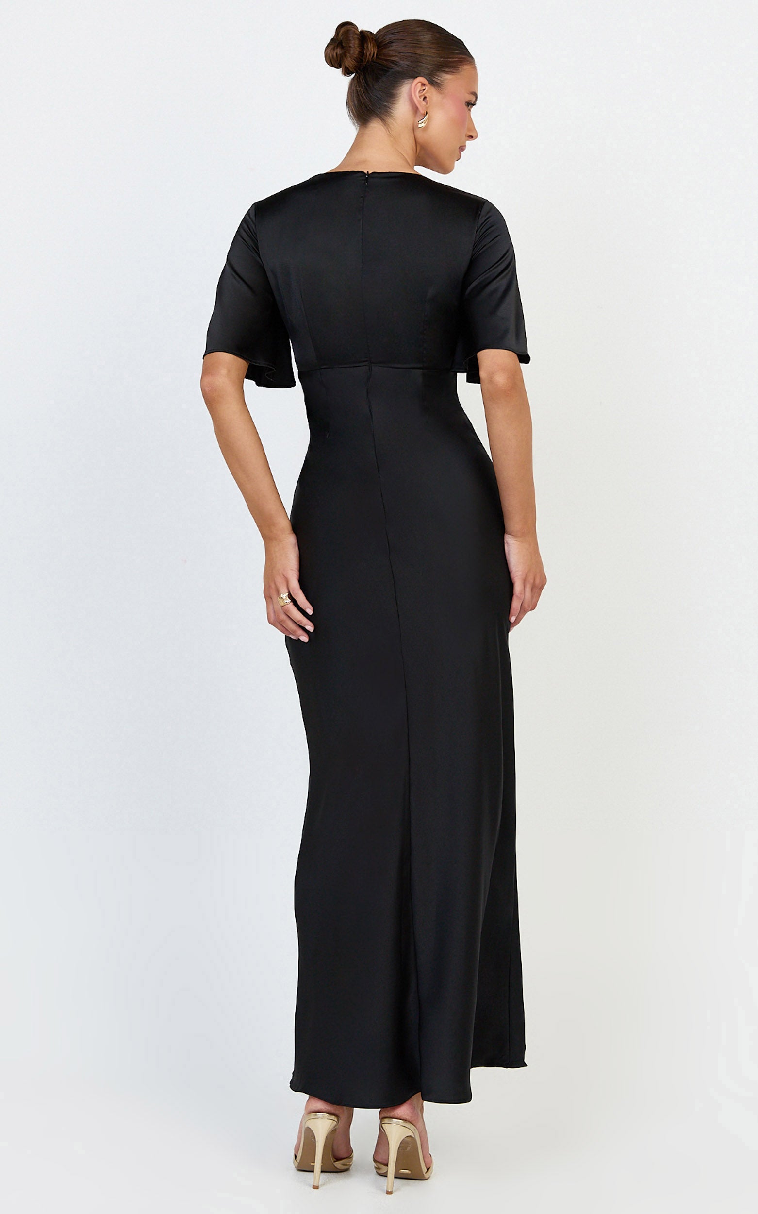 Amelie Maxi Dress - Ruched Front Angel Sleeve Satin Dress in Black - View 5