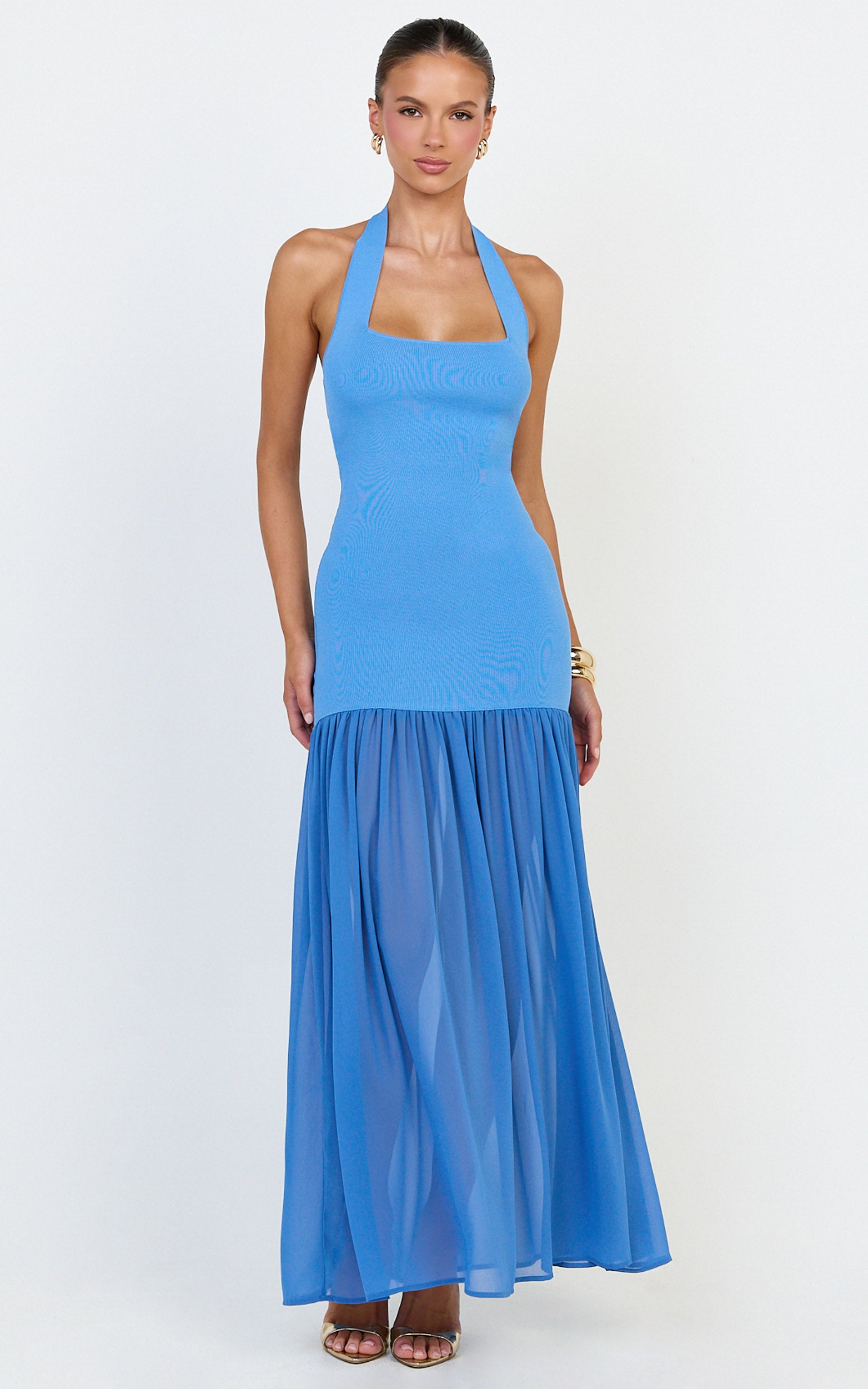 Barbara Maxi Dress - Halter Scoop Neck Contrast Georgette Dress in Cornflower Blue - View 4