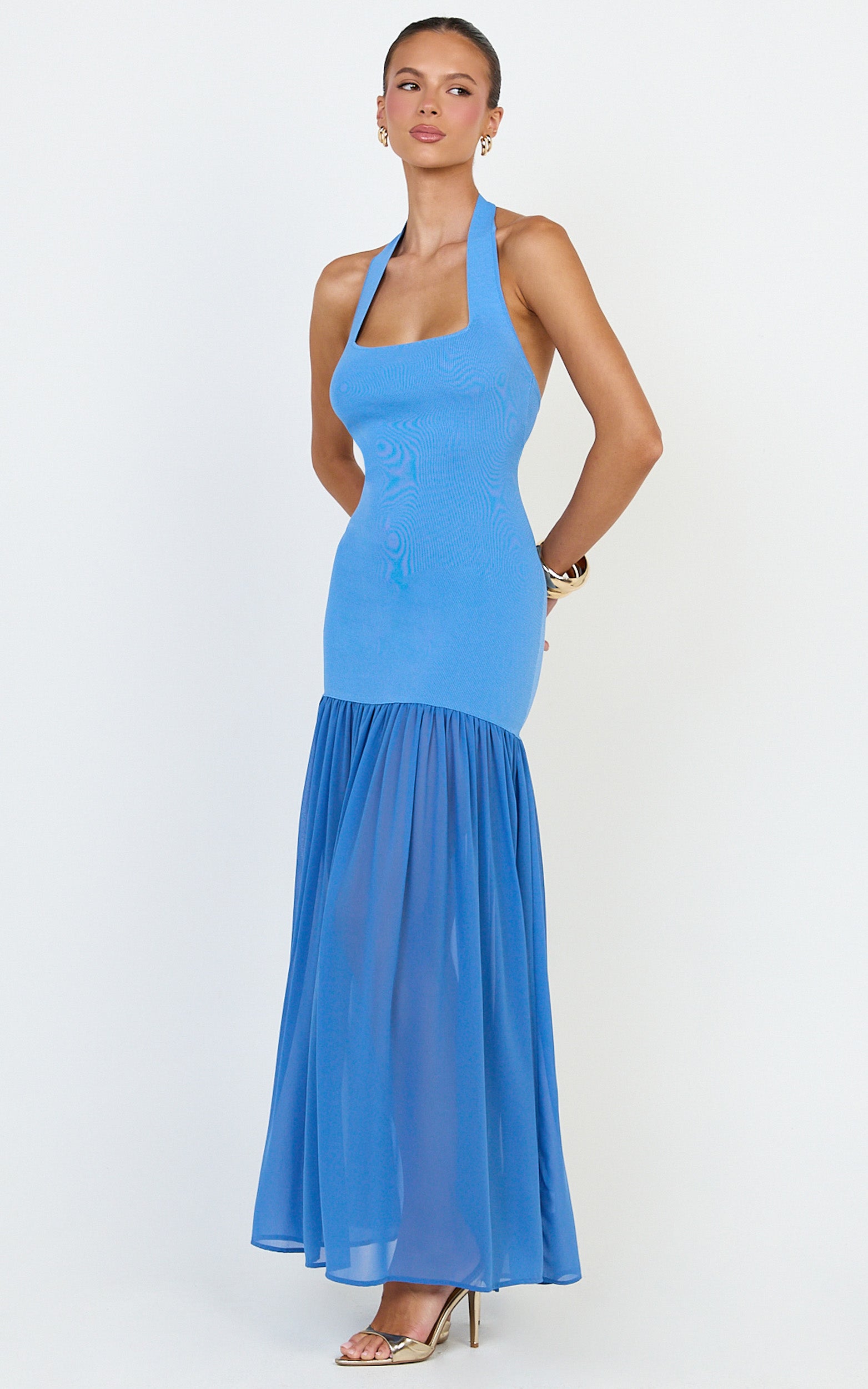 Barbara Maxi Dress - Halter Scoop Neck Contrast Georgette Dress in Cornflower Blue - View 5