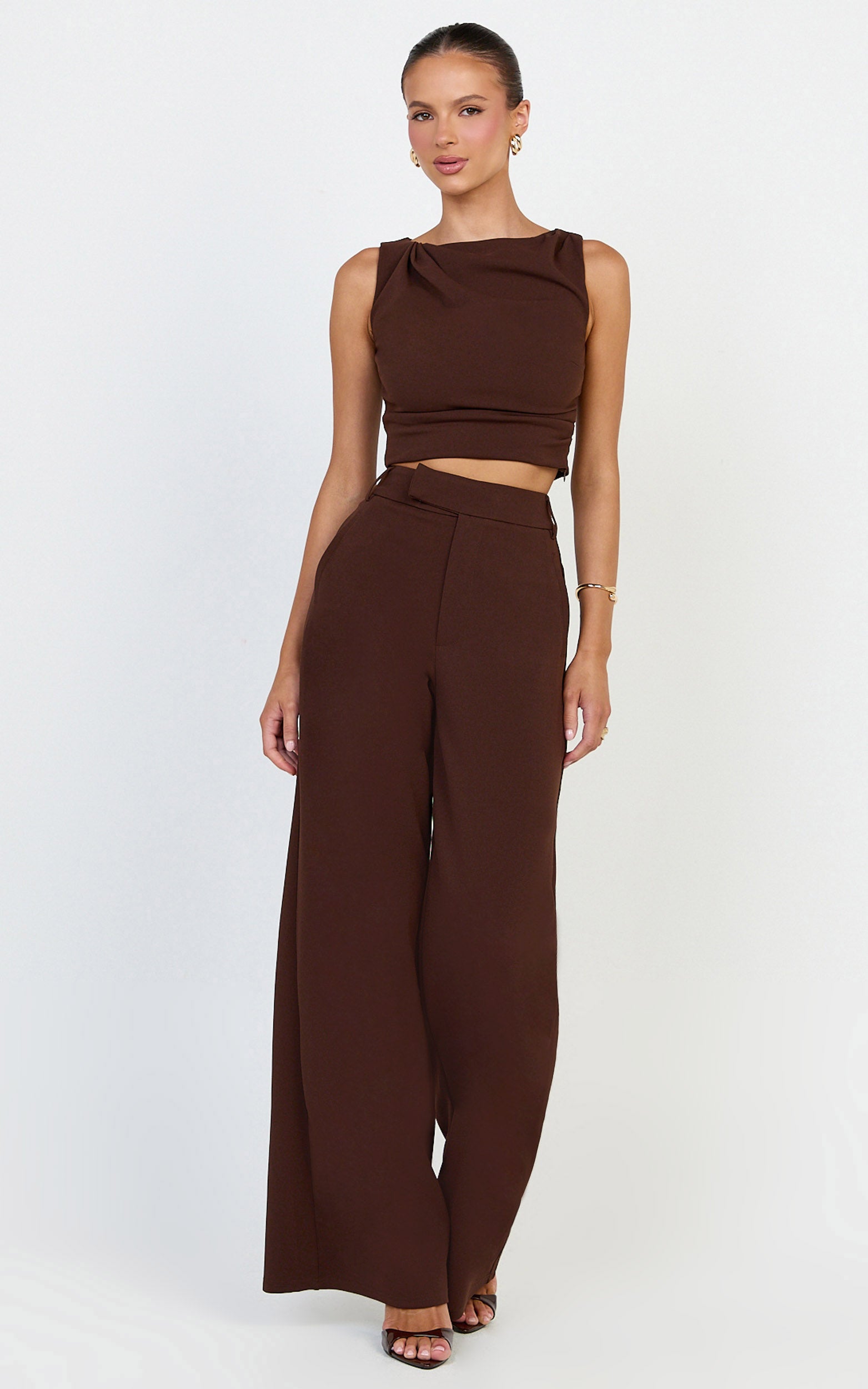 Helen Two Piece Set - Crepe Twisted Top And Wide Leg Pants in Chocolate - View 3