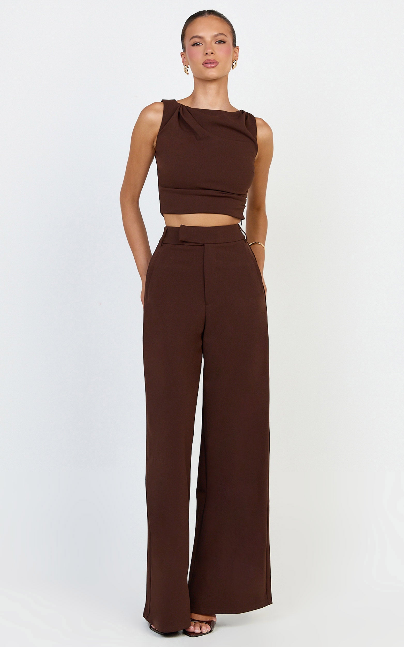 Helen Two Piece Set - Crepe Twisted Top And Wide Leg Pants in Chocolate - View 5