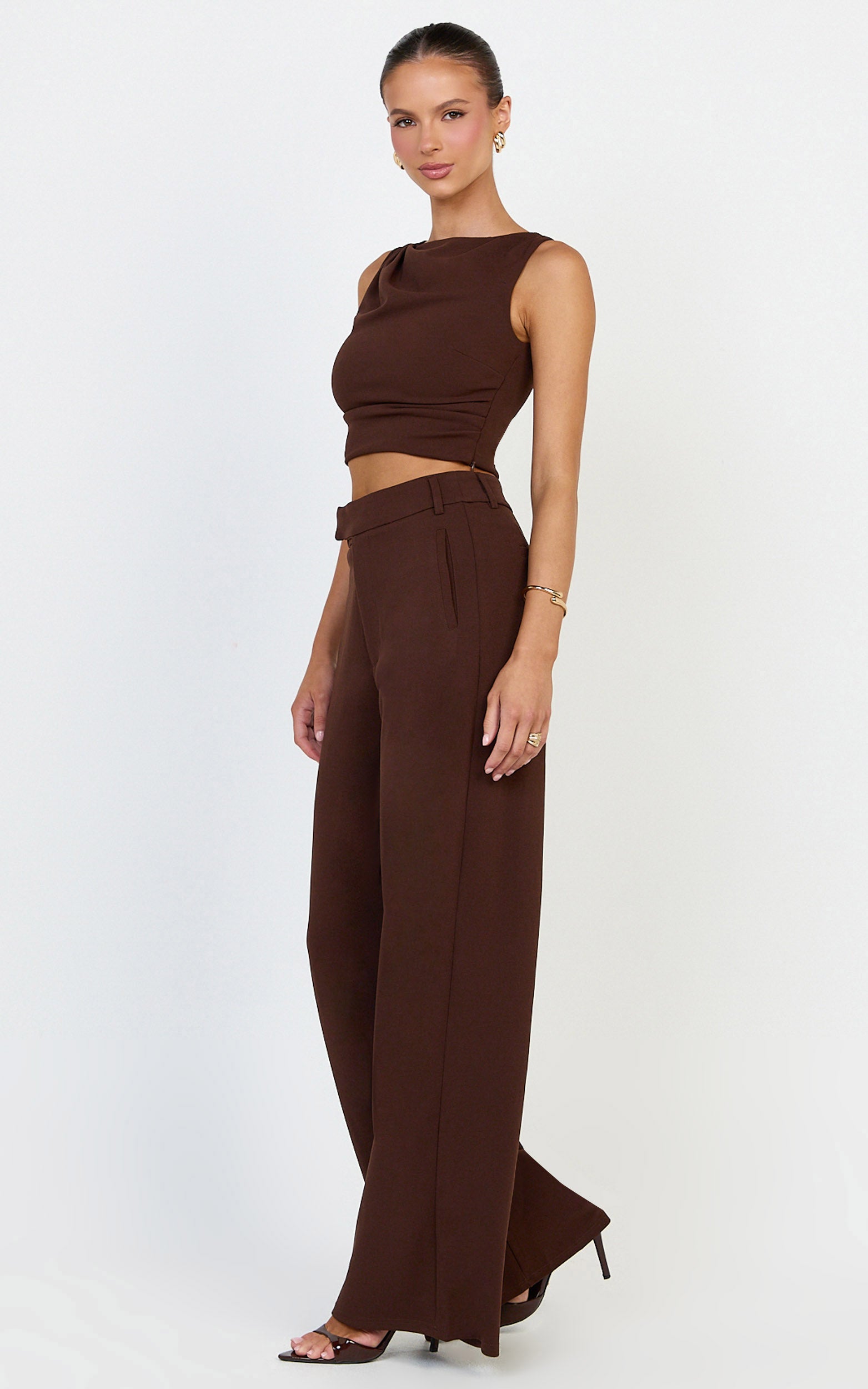 Helen Two Piece Set - Crepe Twisted Top And Wide Leg Pants in Chocolate - View 2