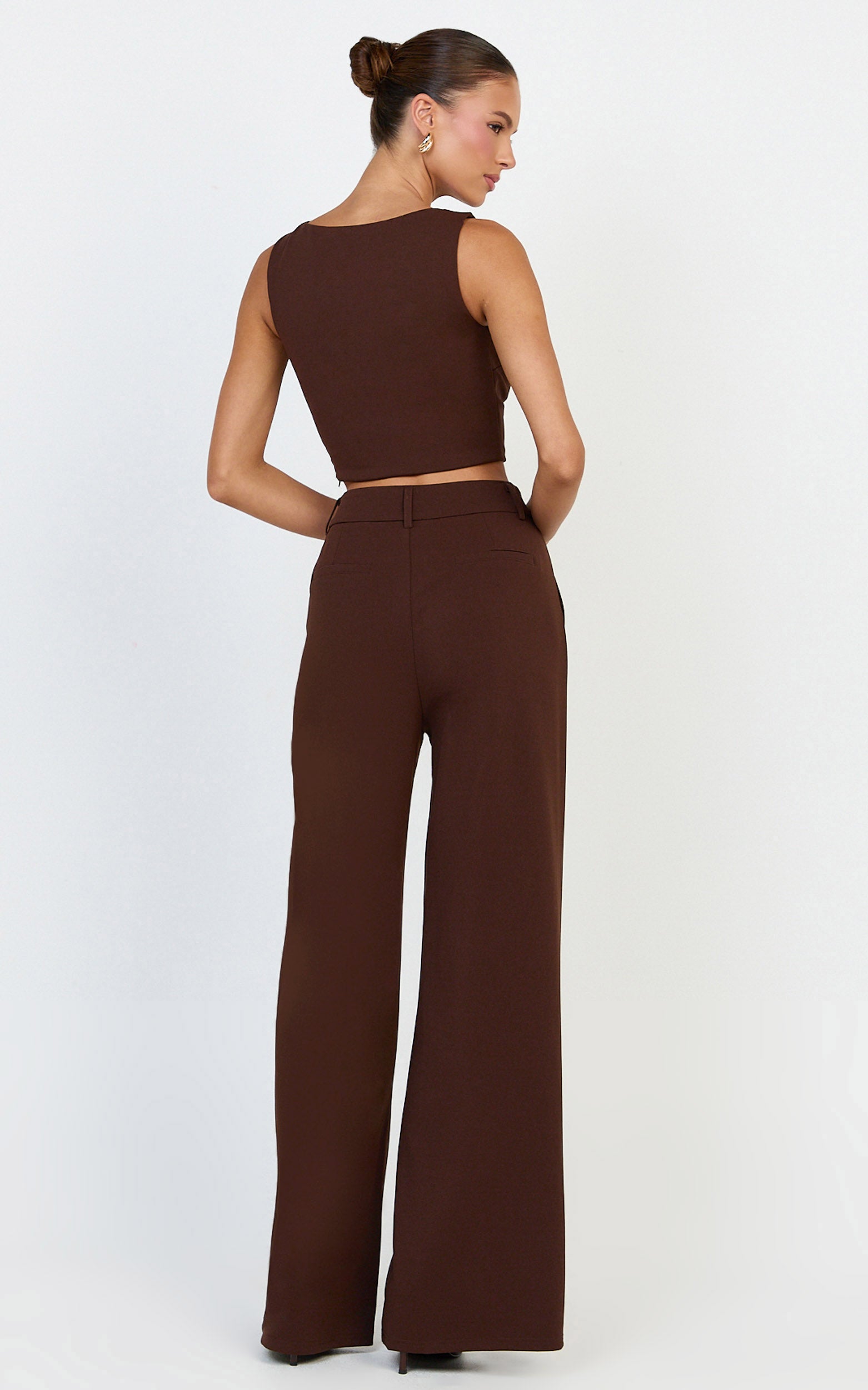 Helen Two Piece Set - Crepe Twisted Top And Wide Leg Pants in Chocolate - View 6