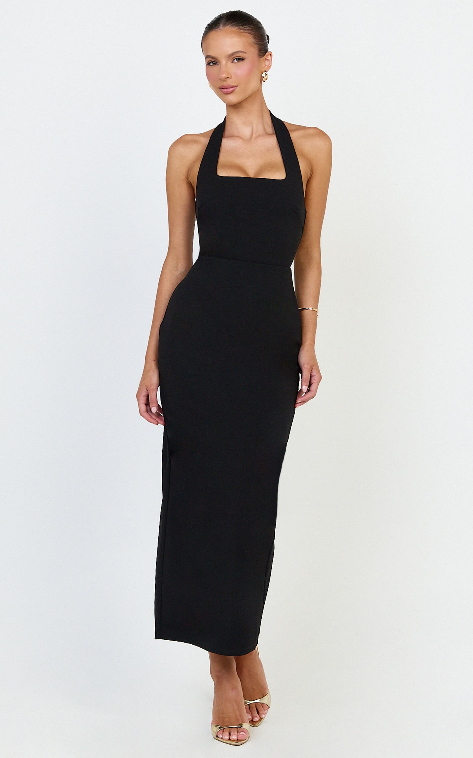 Holly Midi Dress - Halter Neck Column Dress in Black - View 3