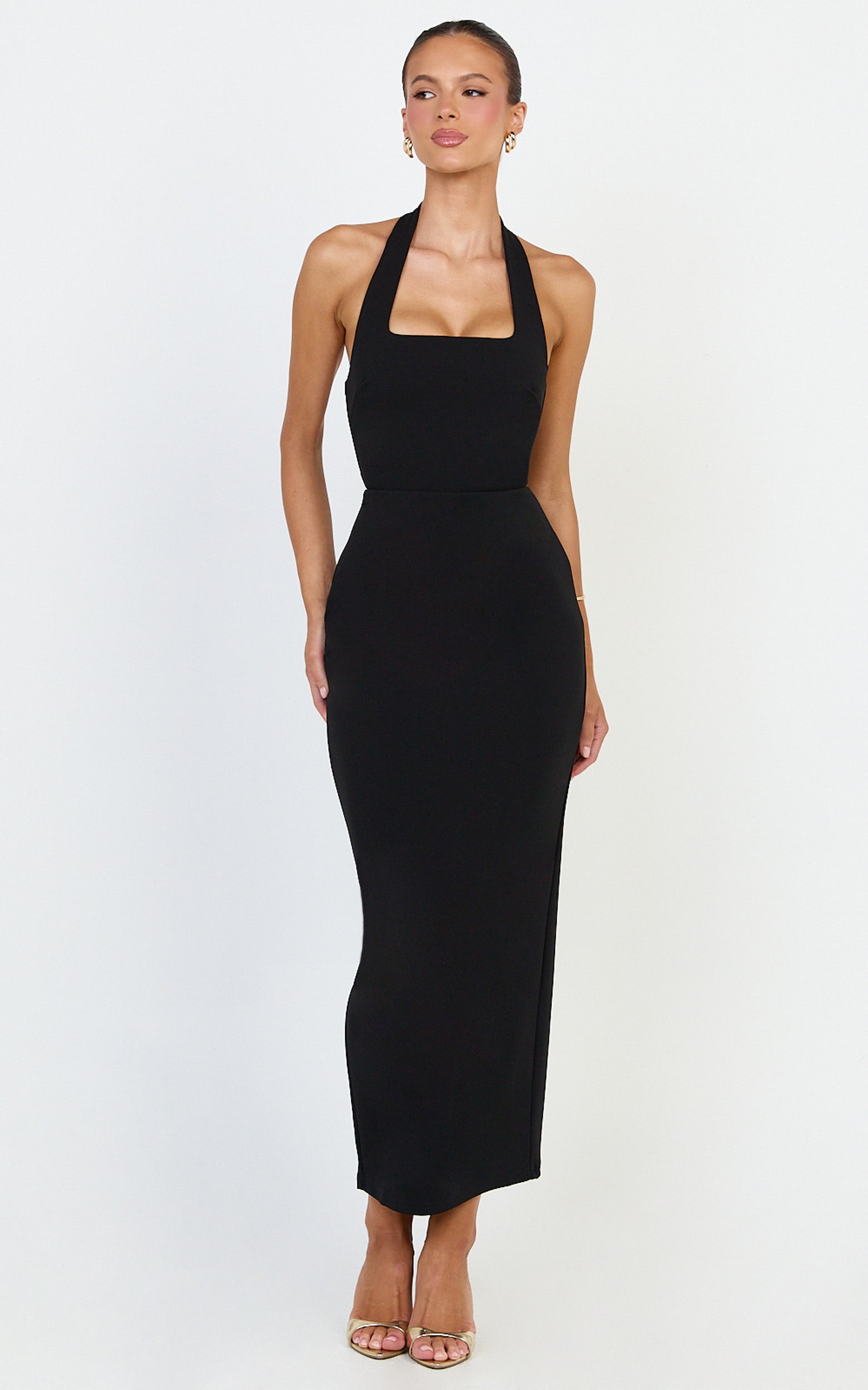 Holly Midi Dress - Halter Neck Column Dress in Black - View 4