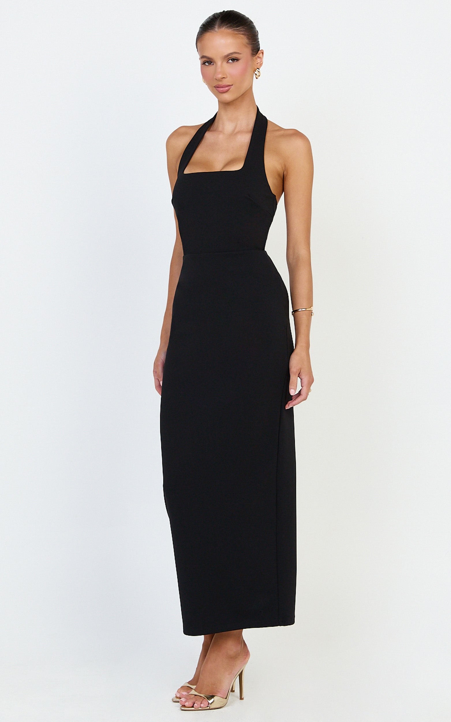 Holly Midi Dress - Halter Neck Column Dress in Black - View 2