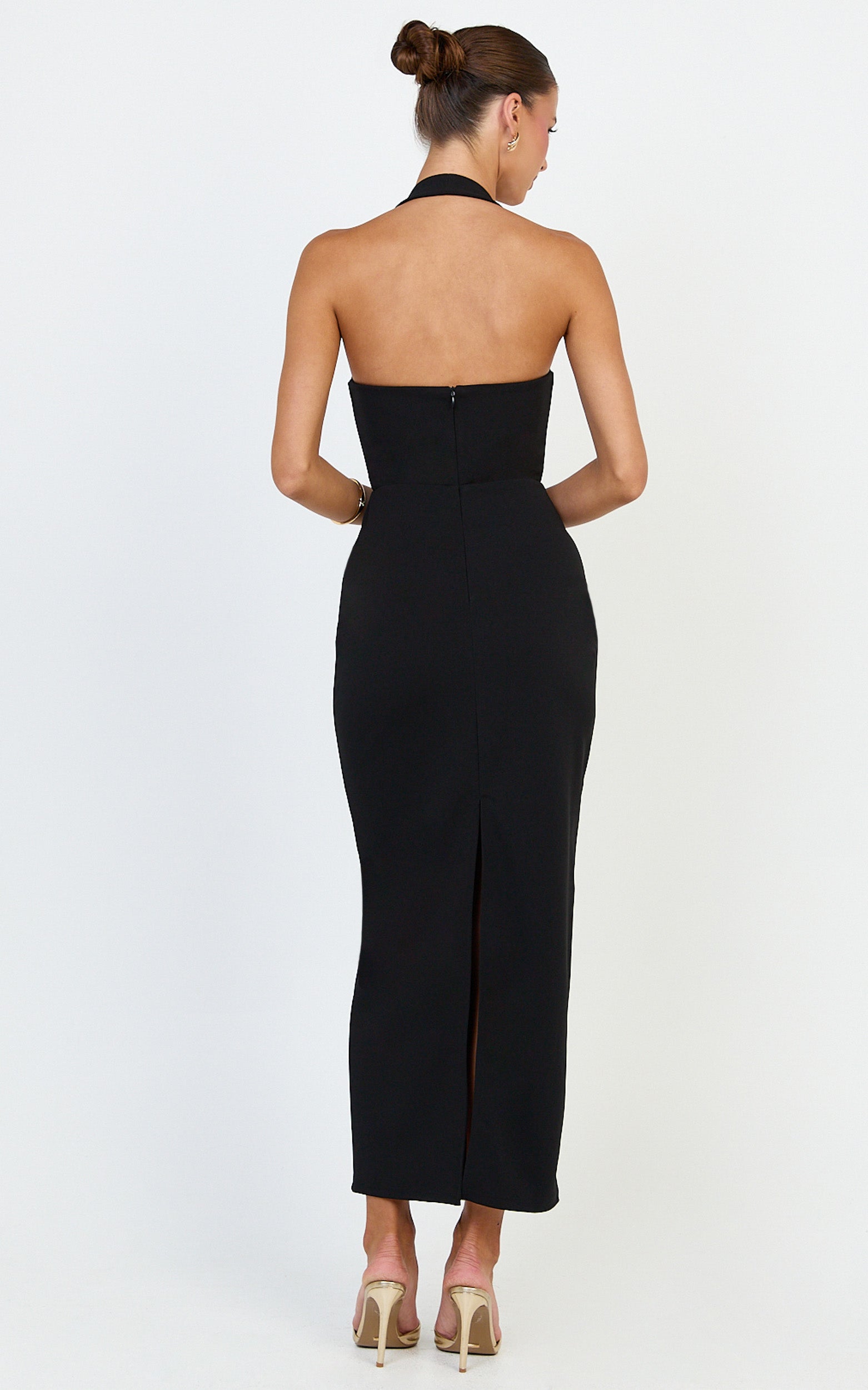 Holly Midi Dress - Halter Neck Column Dress in Black - View 5