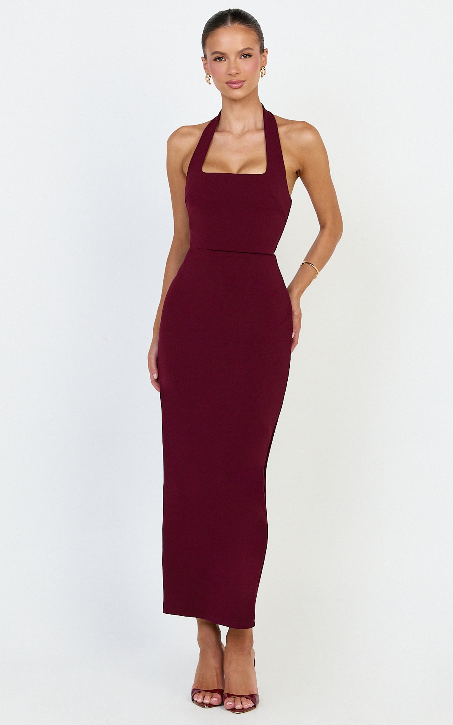 Holly Midi Dress - Halter Neck Column Dress in Wine - View 4