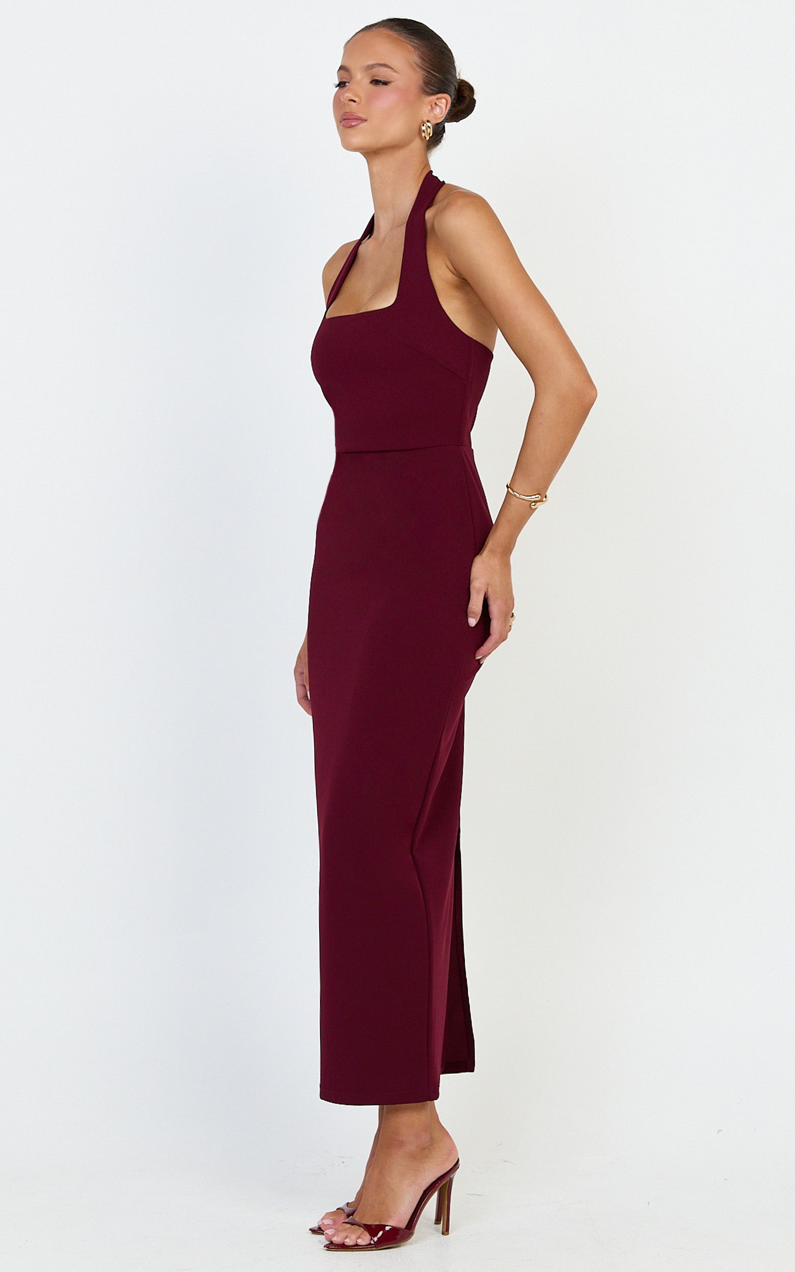 Holly Midi Dress - Halter Neck Column Dress in Wine - View 2