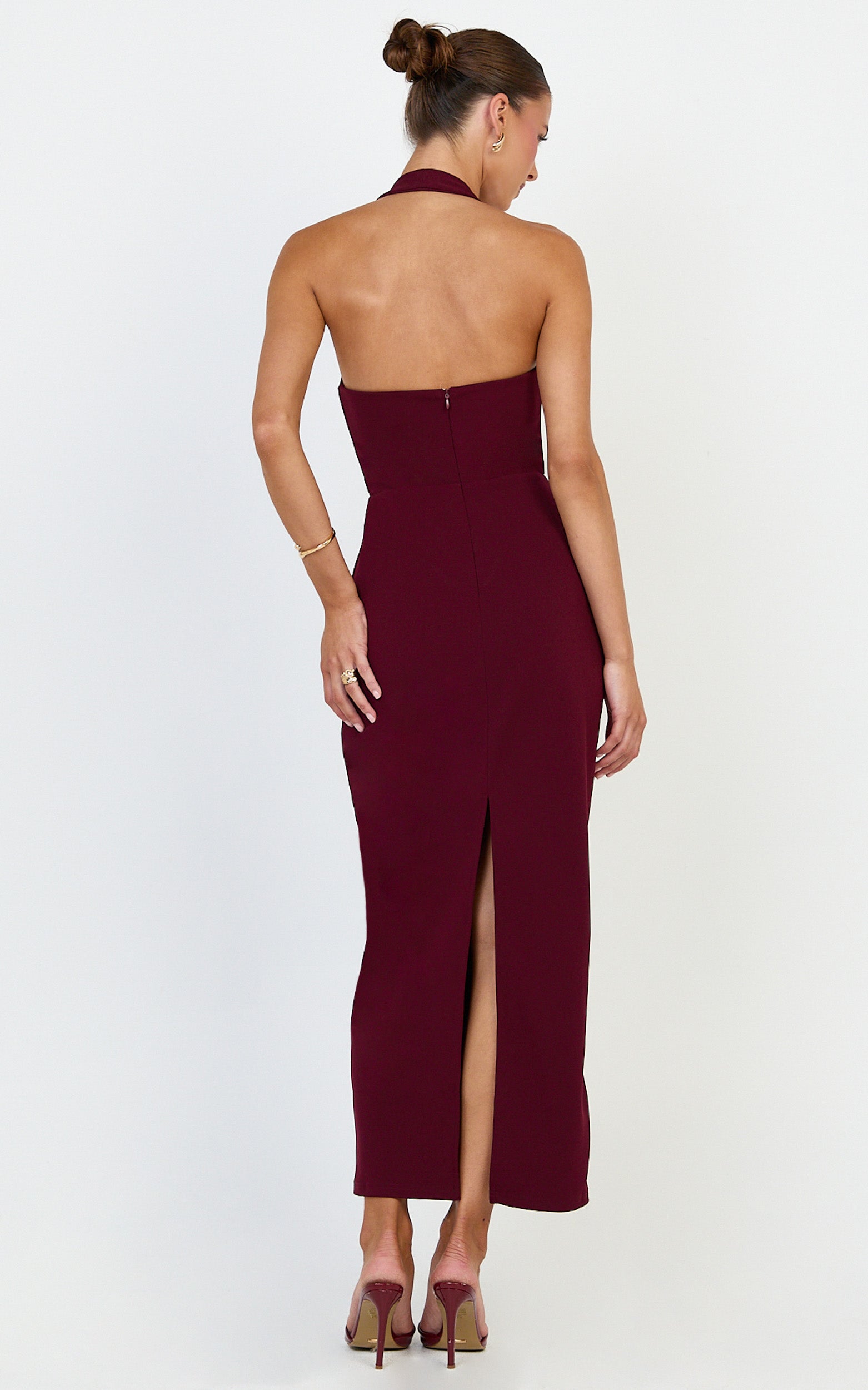 Holly Midi Dress - Halter Neck Column Dress in Wine - View 5