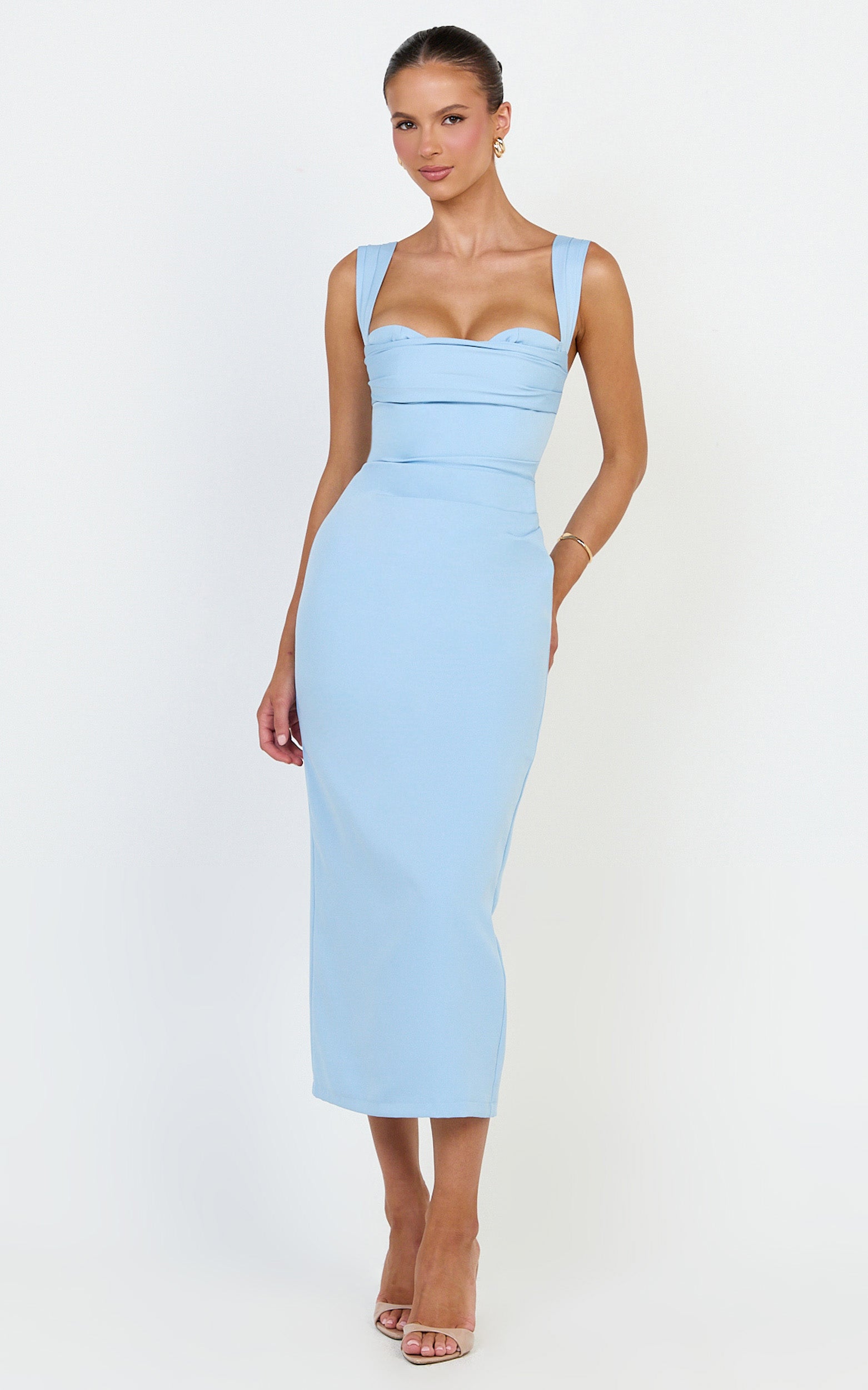 Kenna Midi Dress - Gathered Bust Tucked Waist Dress in Pale Blue - View 7