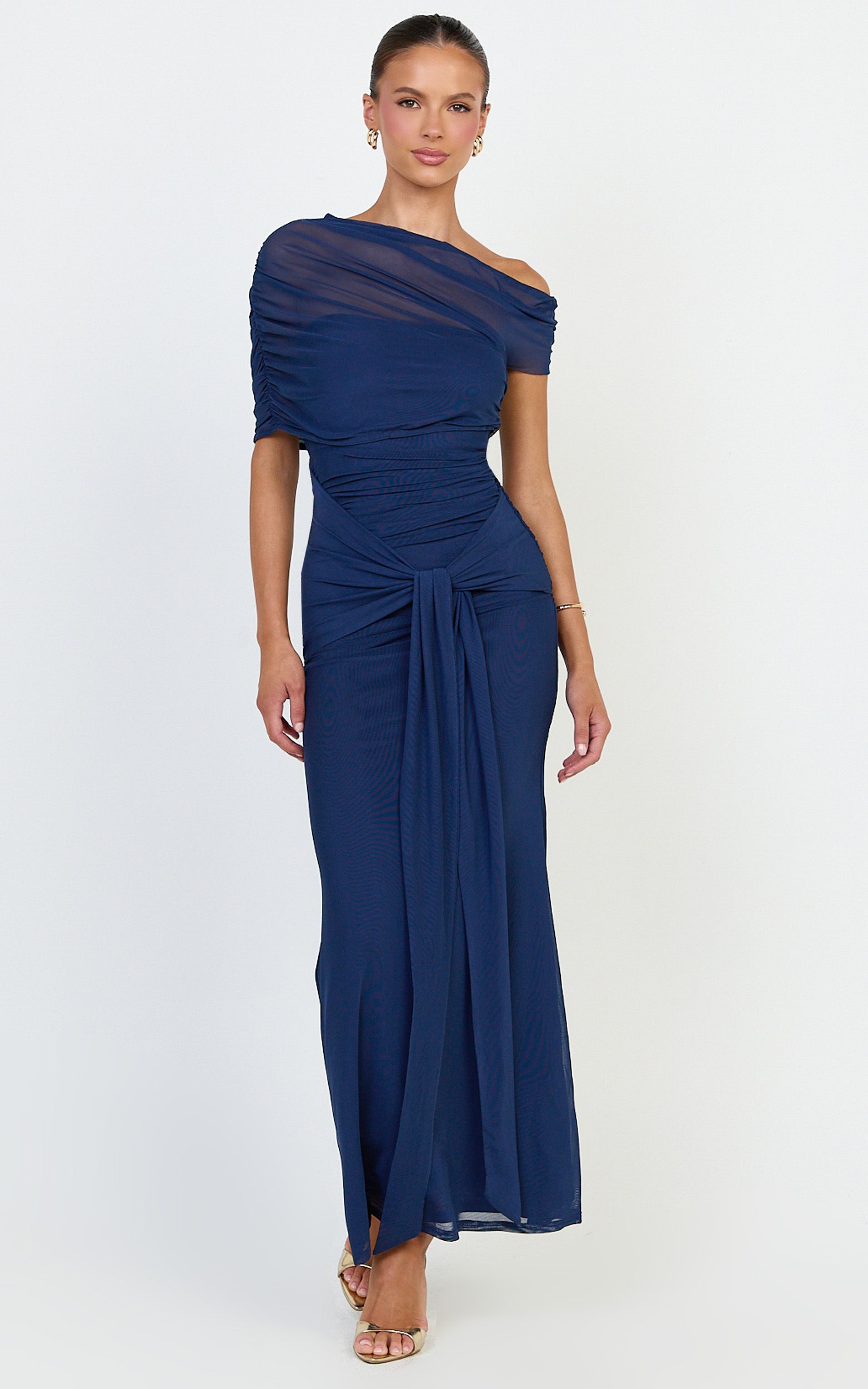 Nicolette Maxi Dress - Cape Sleeve Off Shoulder Dress in Navy - View 7