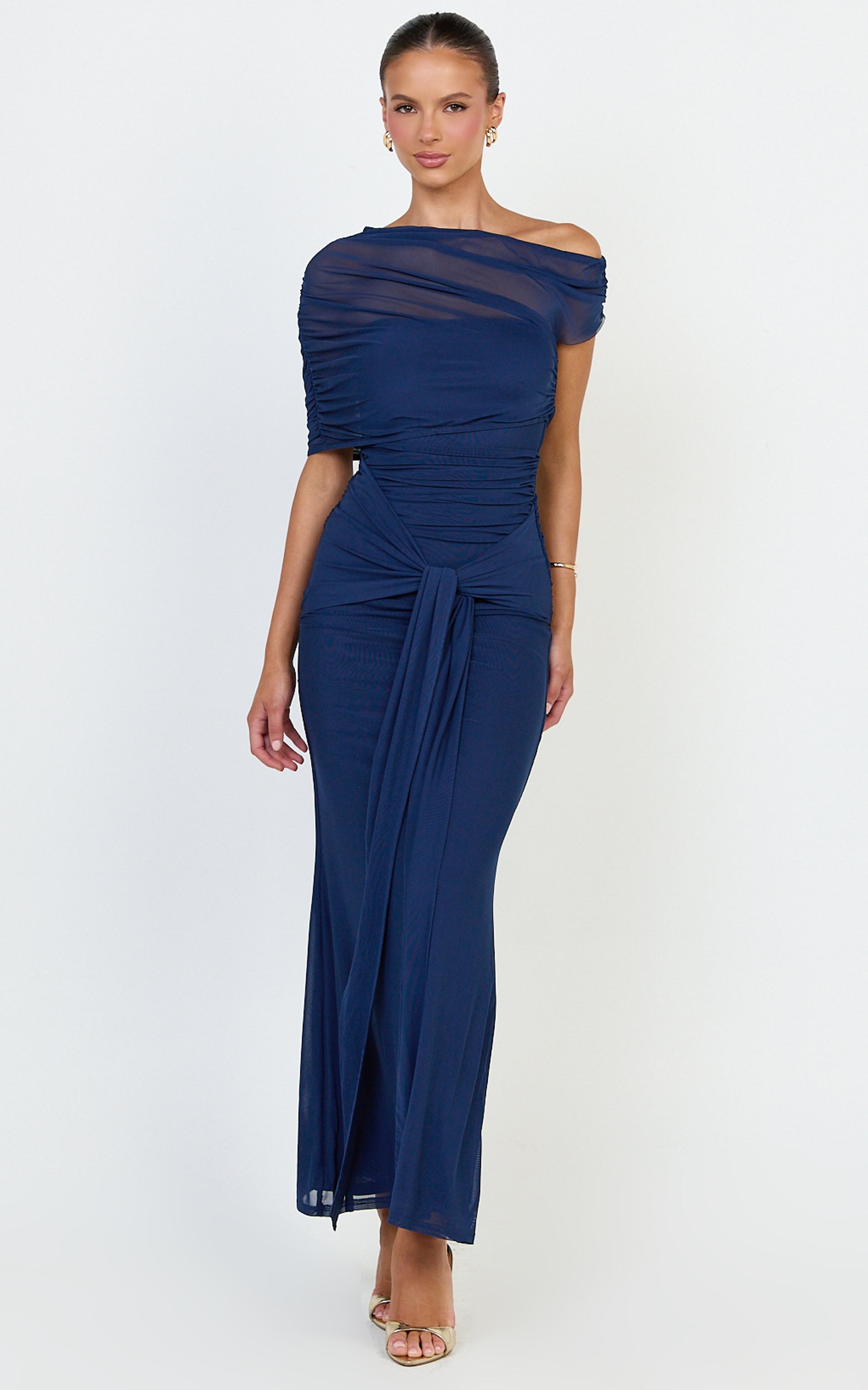 Nicolette Maxi Dress - Cape Sleeve Off Shoulder Dress in Navy - View 5