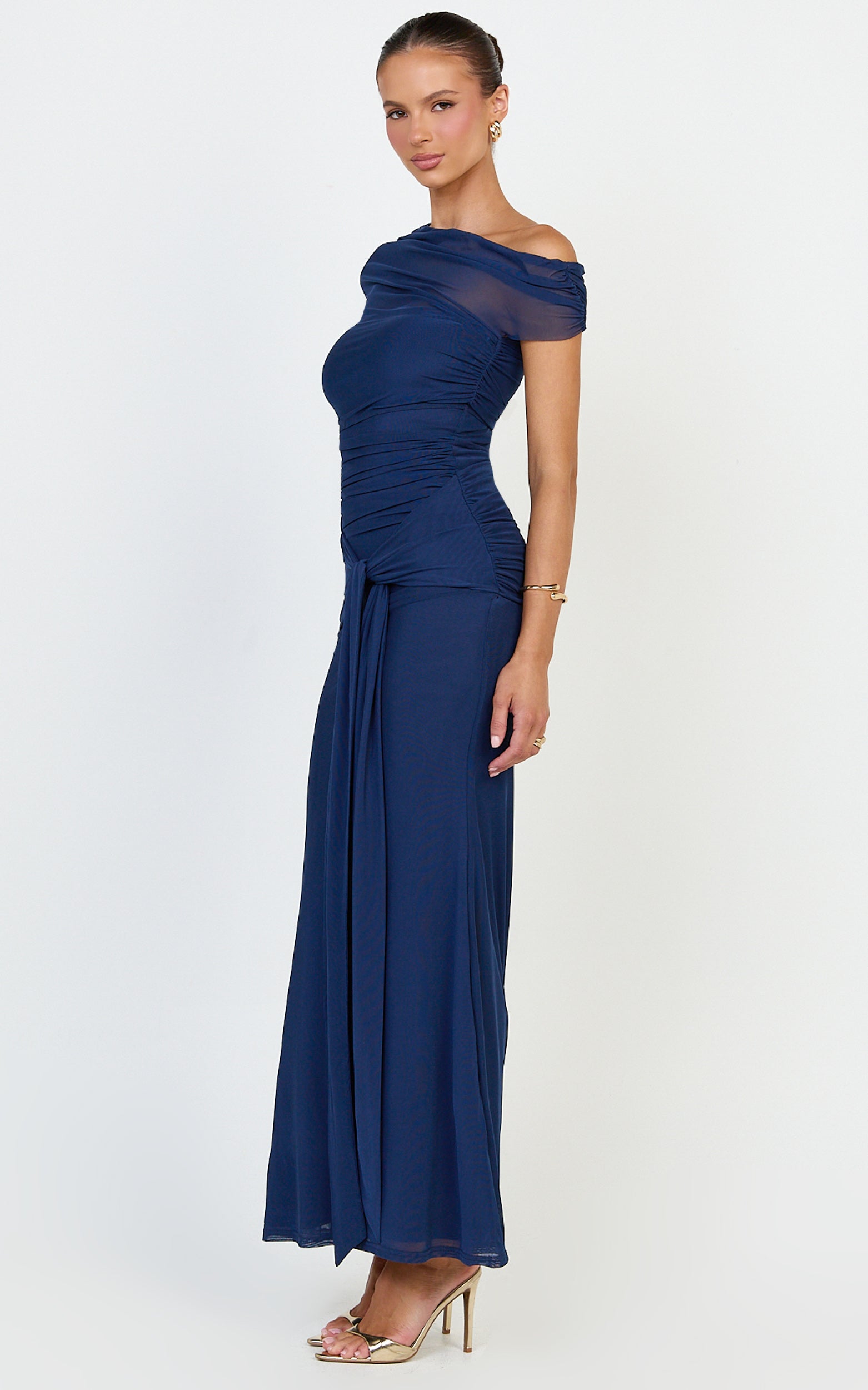 Nicolette Maxi Dress - Cape Sleeve Off Shoulder Dress in Navy - View 3