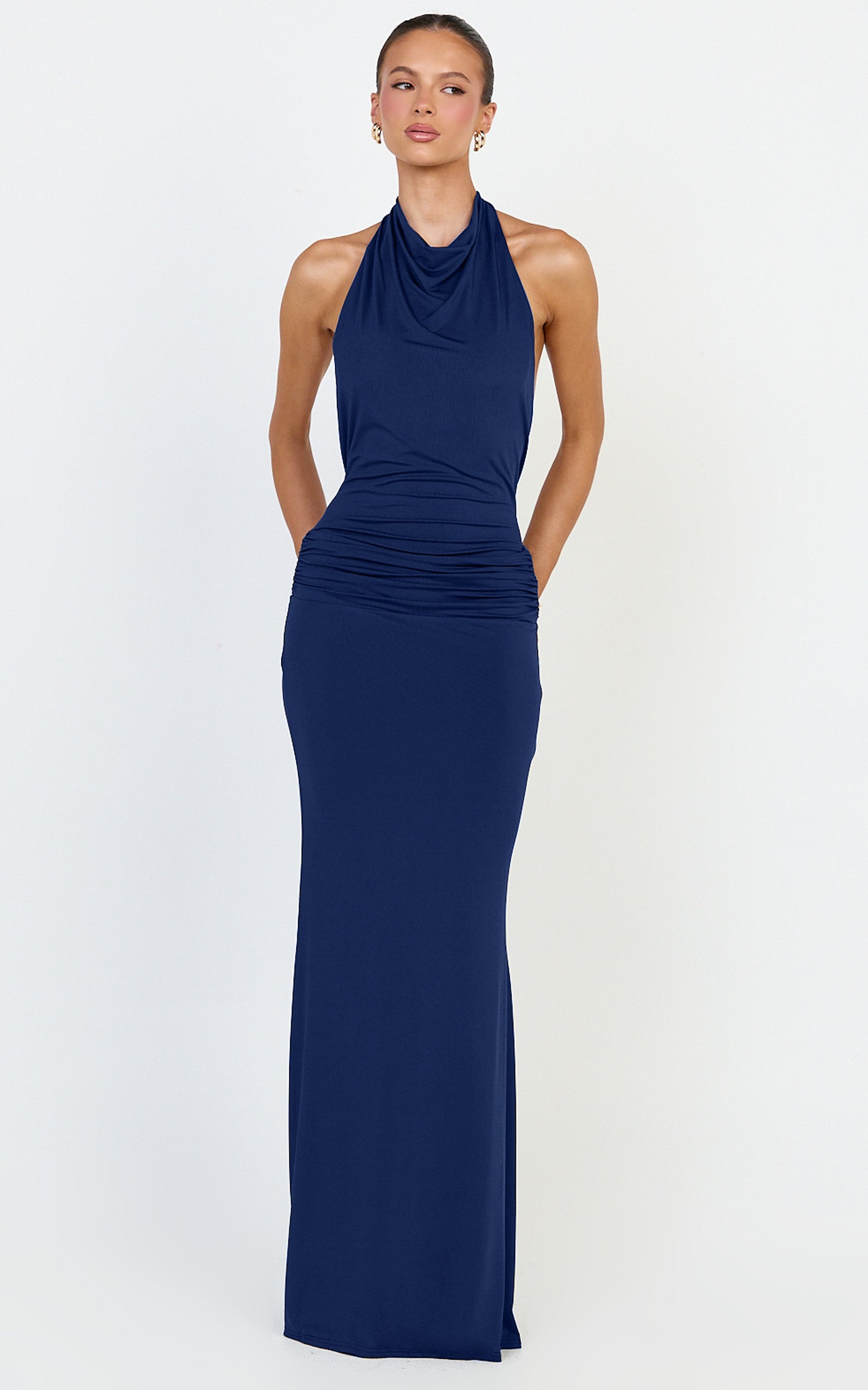 Lizzy Maxi Dress - Backless Ruched Bodycon Dress in Navy - View 5