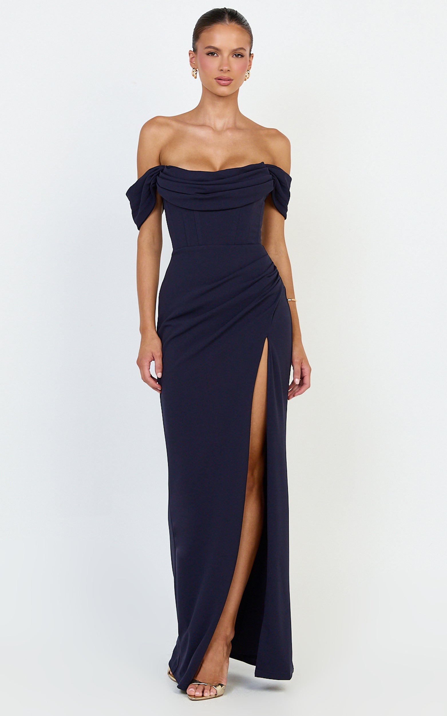 Marcel Maxi Dress - Off Shoulder Corset High Split Dress in Navy - View 7