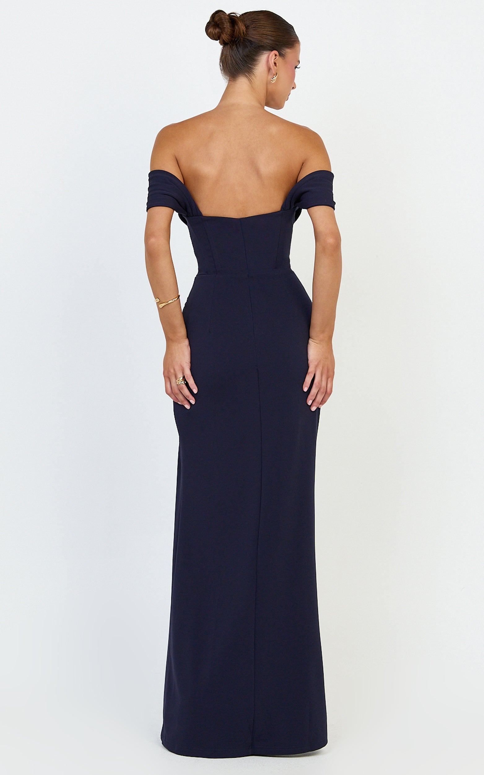 Marcel Maxi Dress - Off Shoulder Corset High Split Dress in Navy - View 8