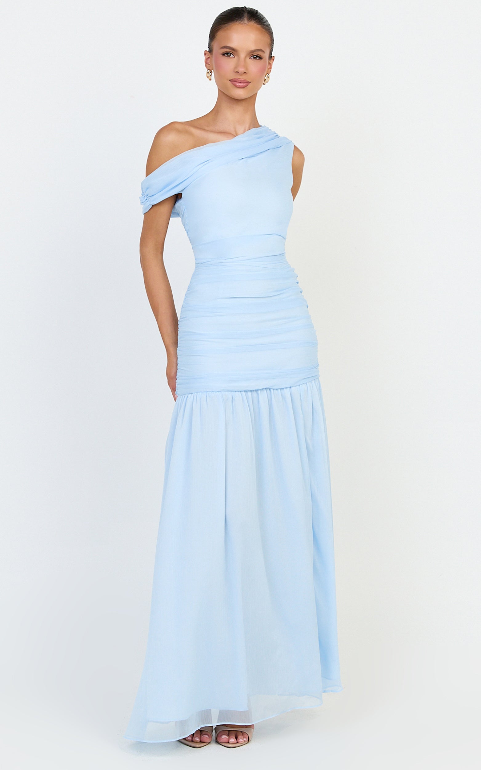 Oceane Maxi Dress - Draped Off Shoulder Gathered Bodice Dress in Soft Blue - View 3