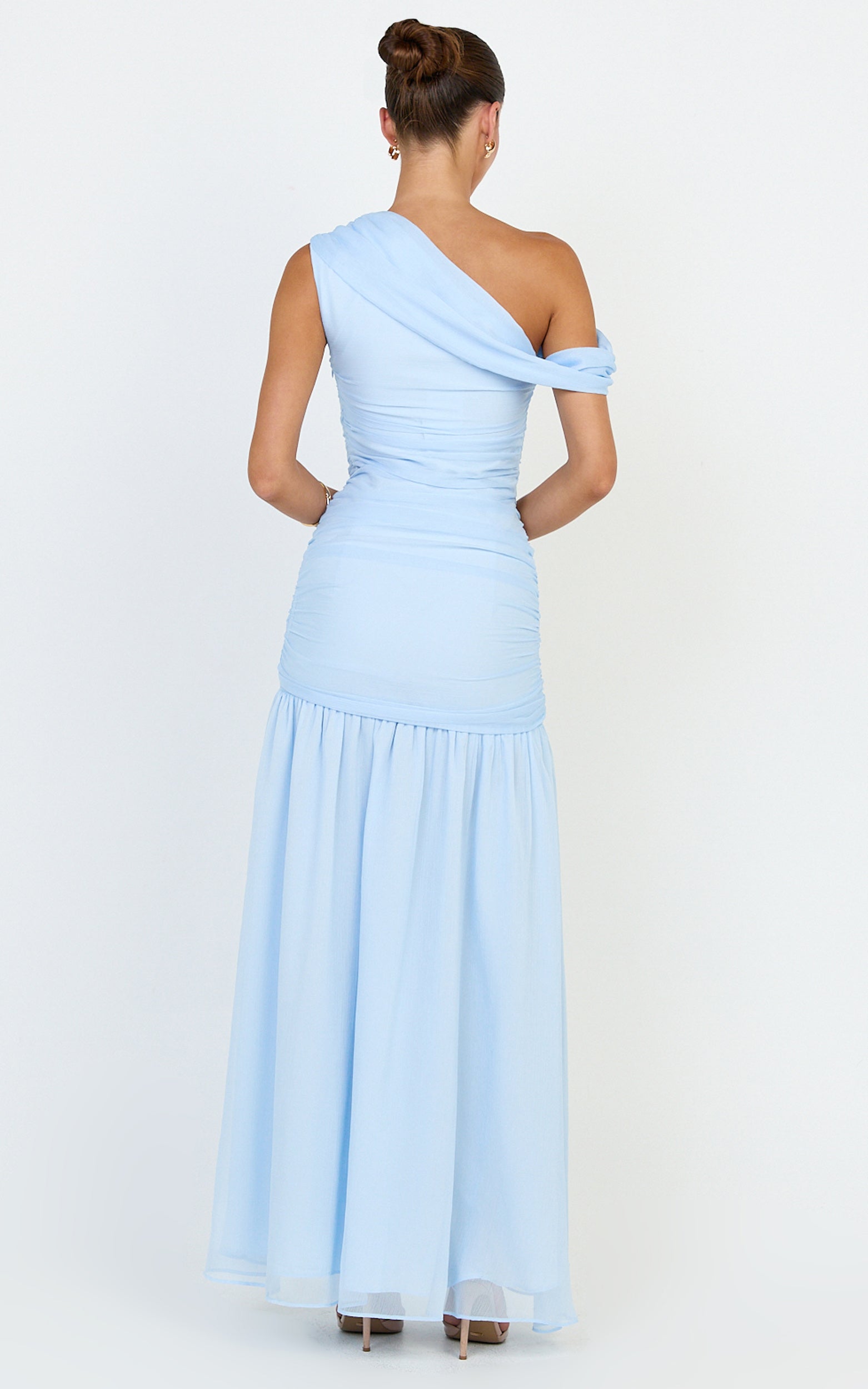 Oceane Maxi Dress - Draped Off Shoulder Gathered Bodice Dress in Soft Blue - View 5