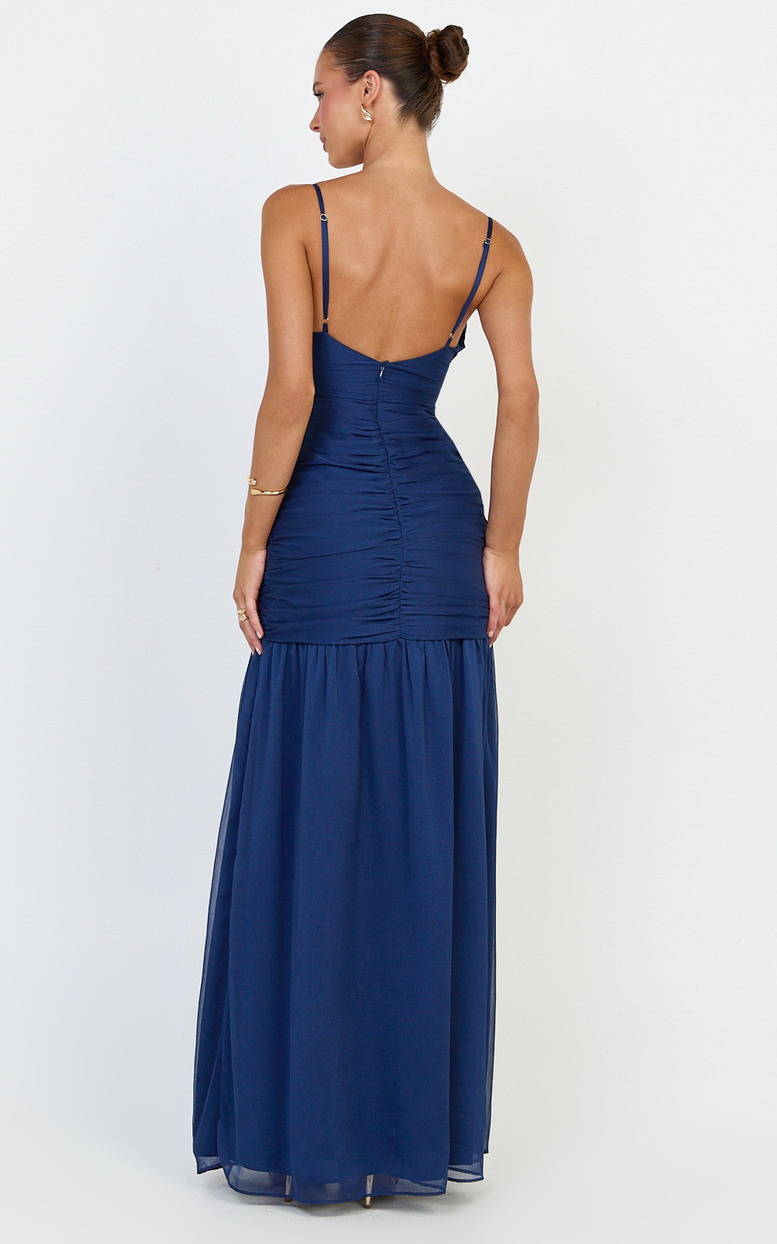 Oceane Maxi Dress - Plunge Neckline Gathered Chiffon Dress in Navy - View 8
