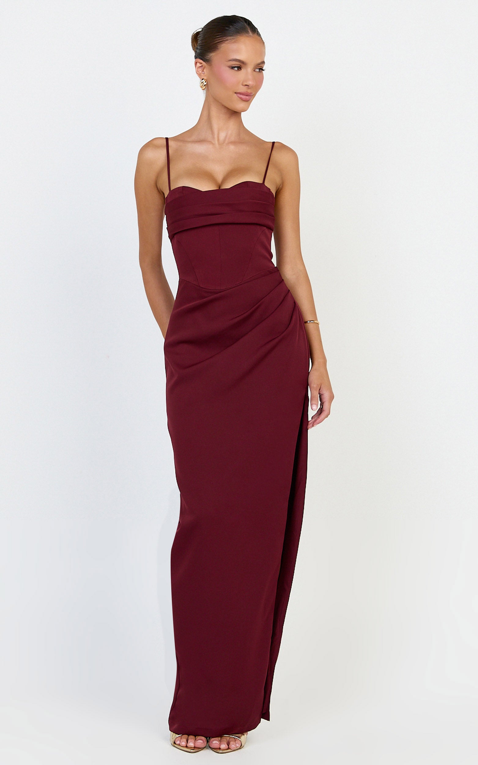 Zinnia Maxi Dress - Gathered Bust Side Split Dress in Wine - View 2