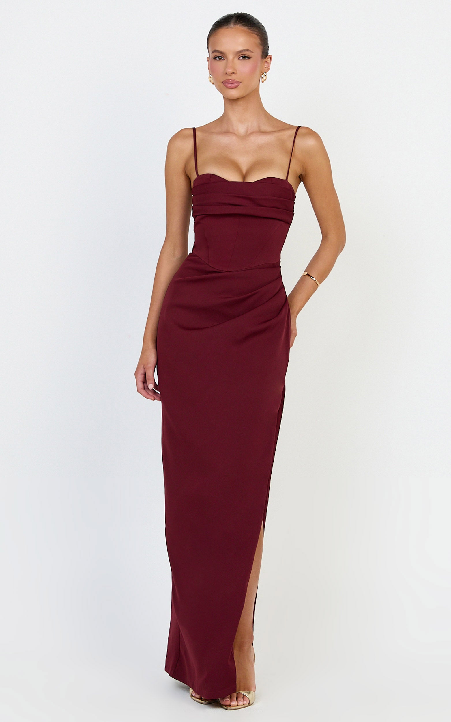 Zinnia Maxi Dress - Gathered Bust Side Split Dress in Wine - View 5