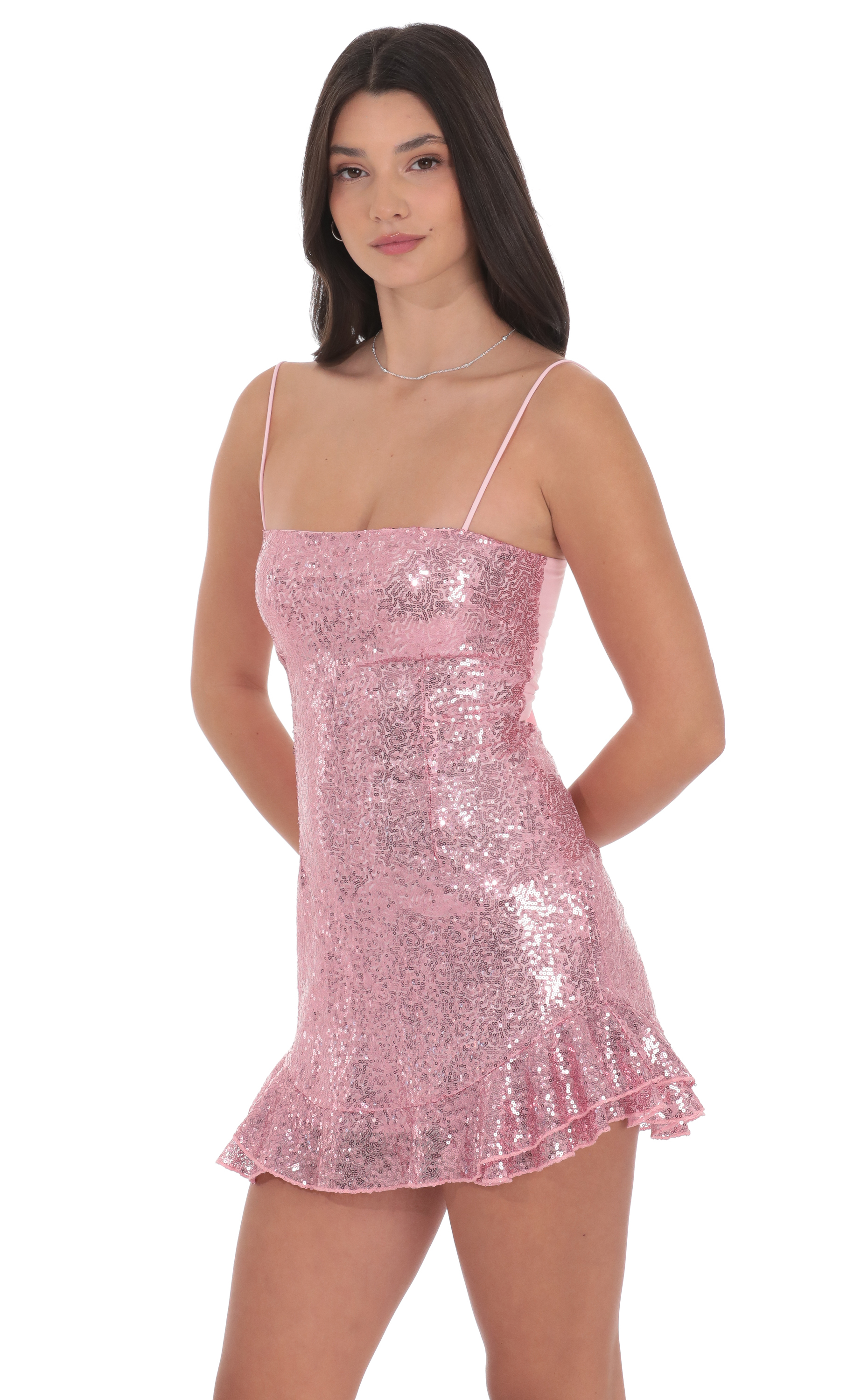Sequin Ruffle Dress in Pink - view 3