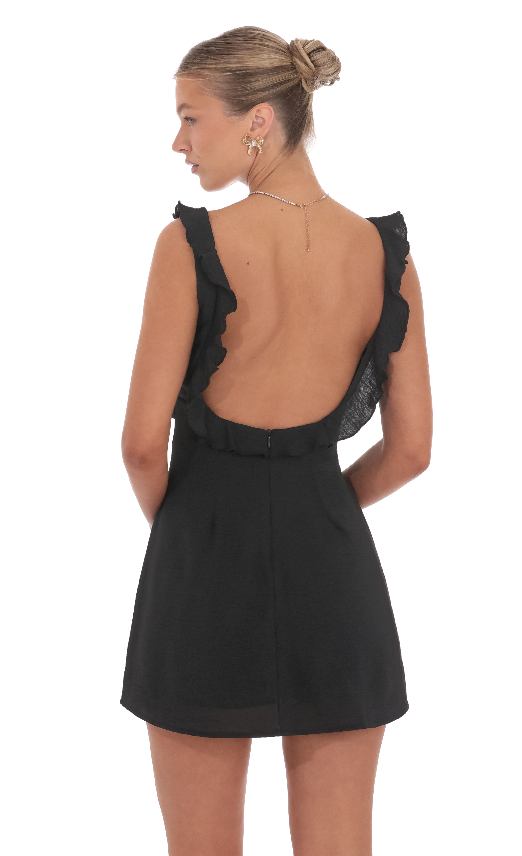 Ruffle V-Neck Mini Dress in Black - view 1