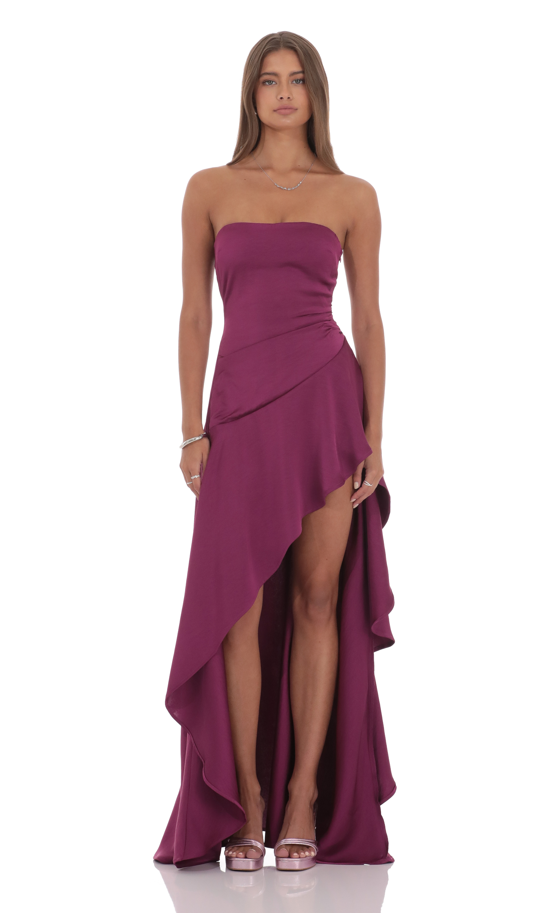 Satin High Low Maxi Dress in Plum - view 1