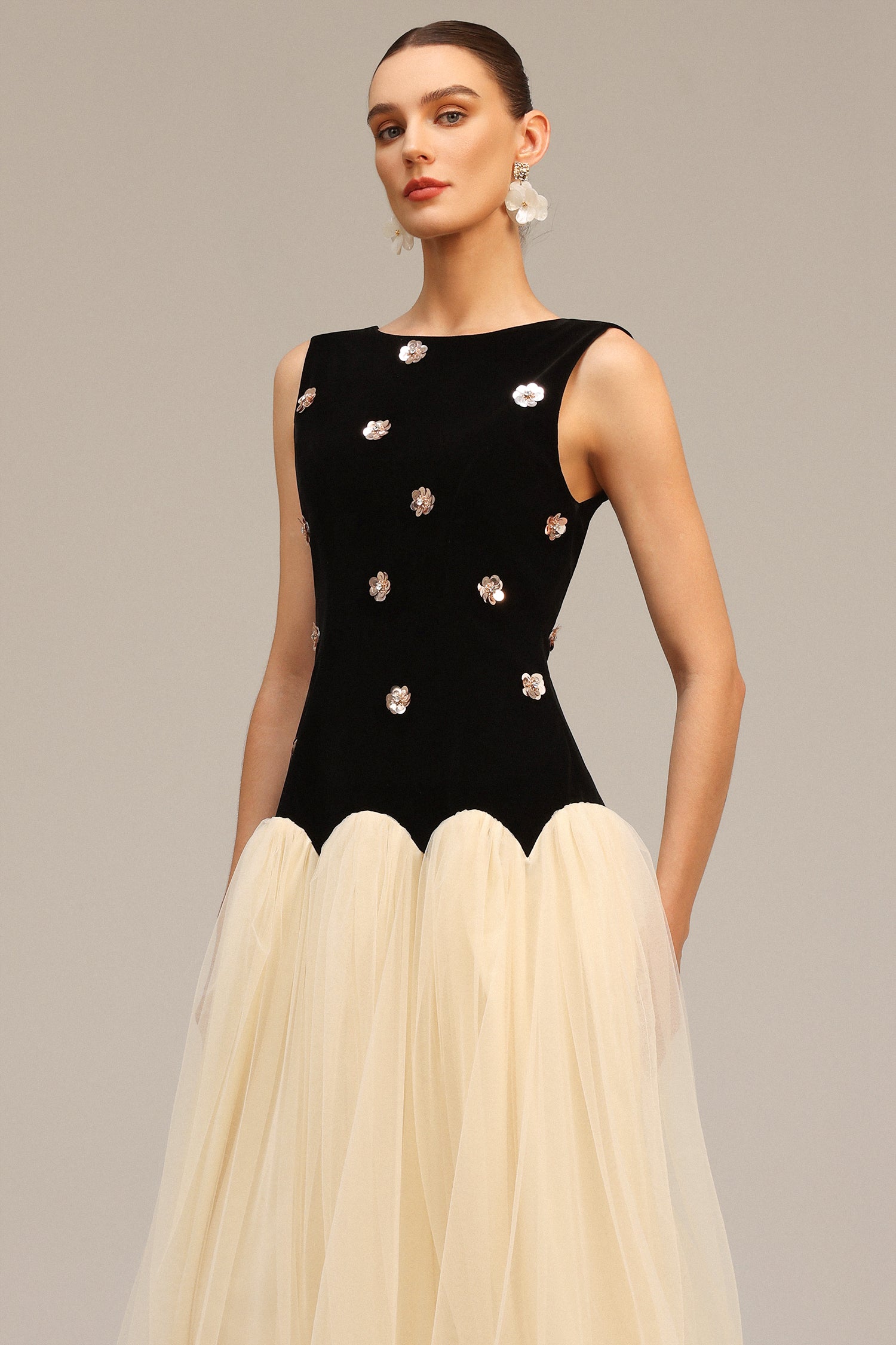 Roto Sleeveless Sequin Flowers Maxi Dress