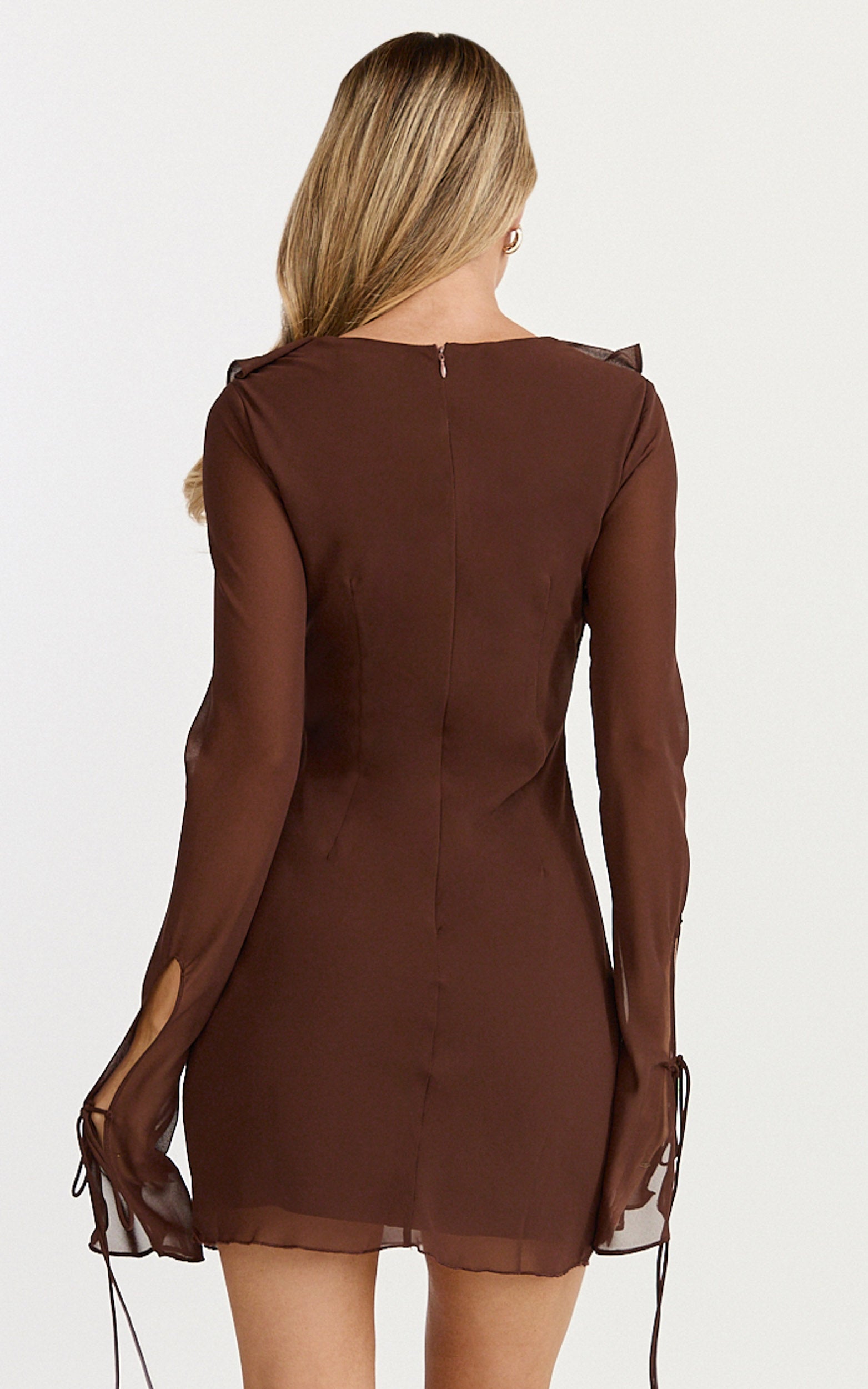 Alesya Mini Dress - Ruffle Plunge Neck Long Sleeve Tie Detail Dress in Chocolate - View 5